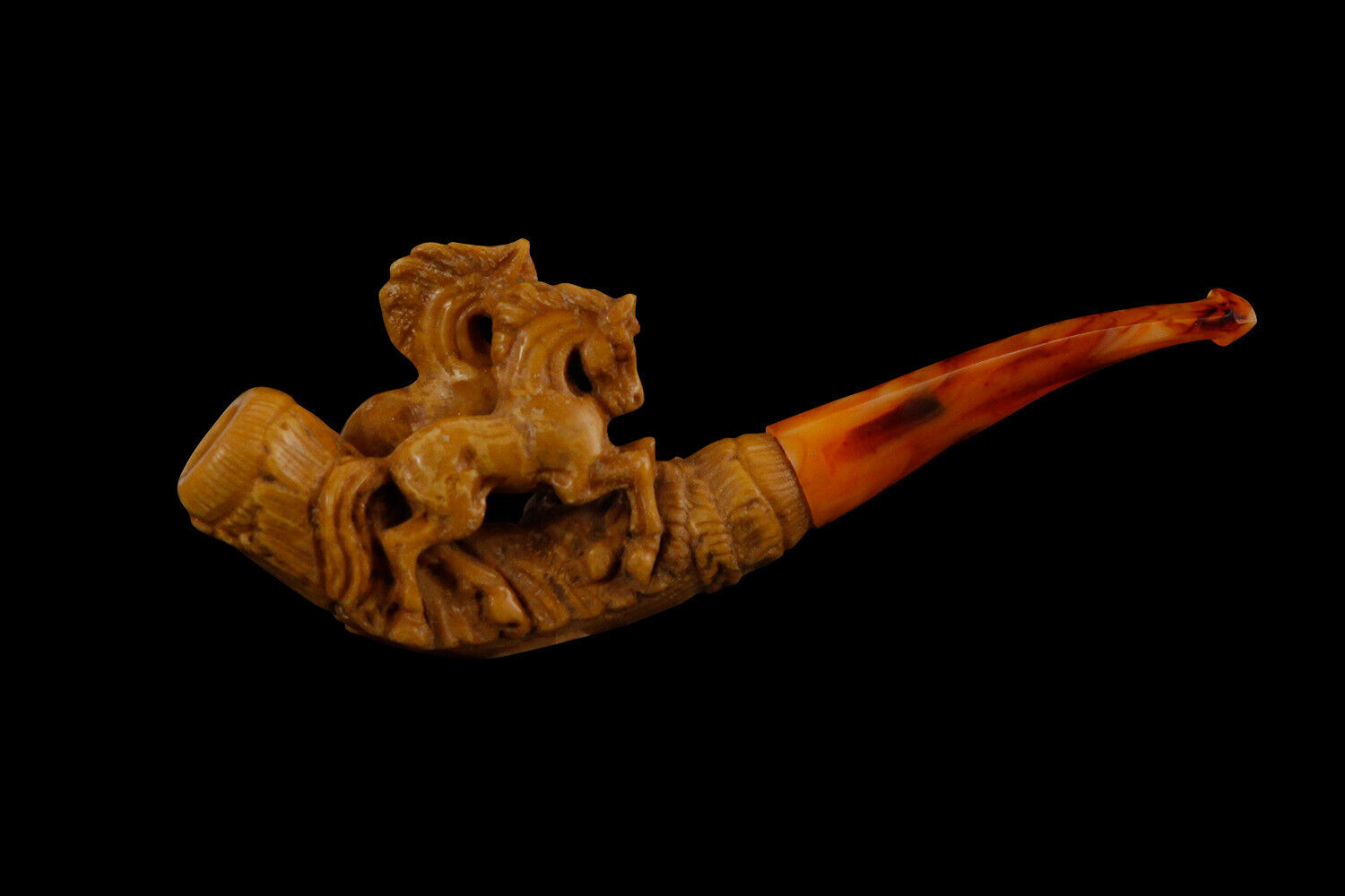 Two Horse Block Meerschaum Pipe cigarette handmade tobacco smoking 海泡石 with case