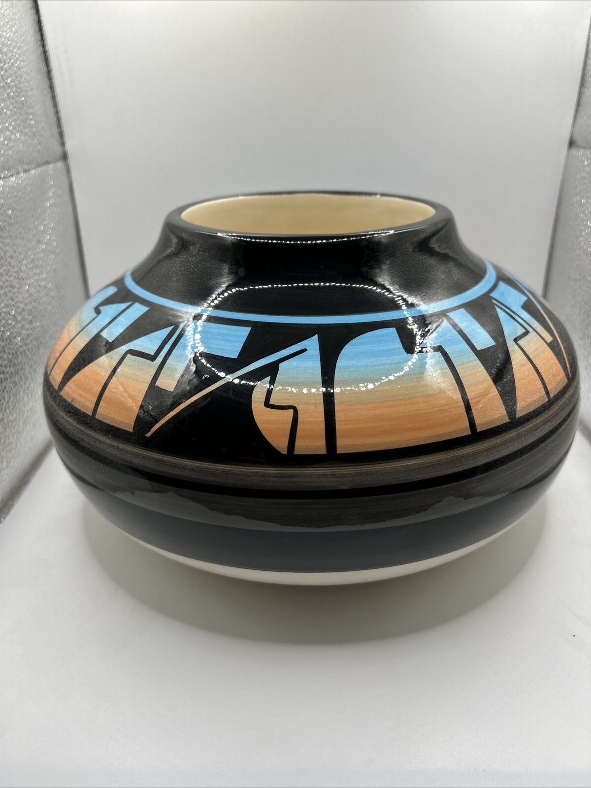 Tribe Pottery Glazed Bowl Signed by Ruth Root #19 Southwestern Deco Blue UTE MTN