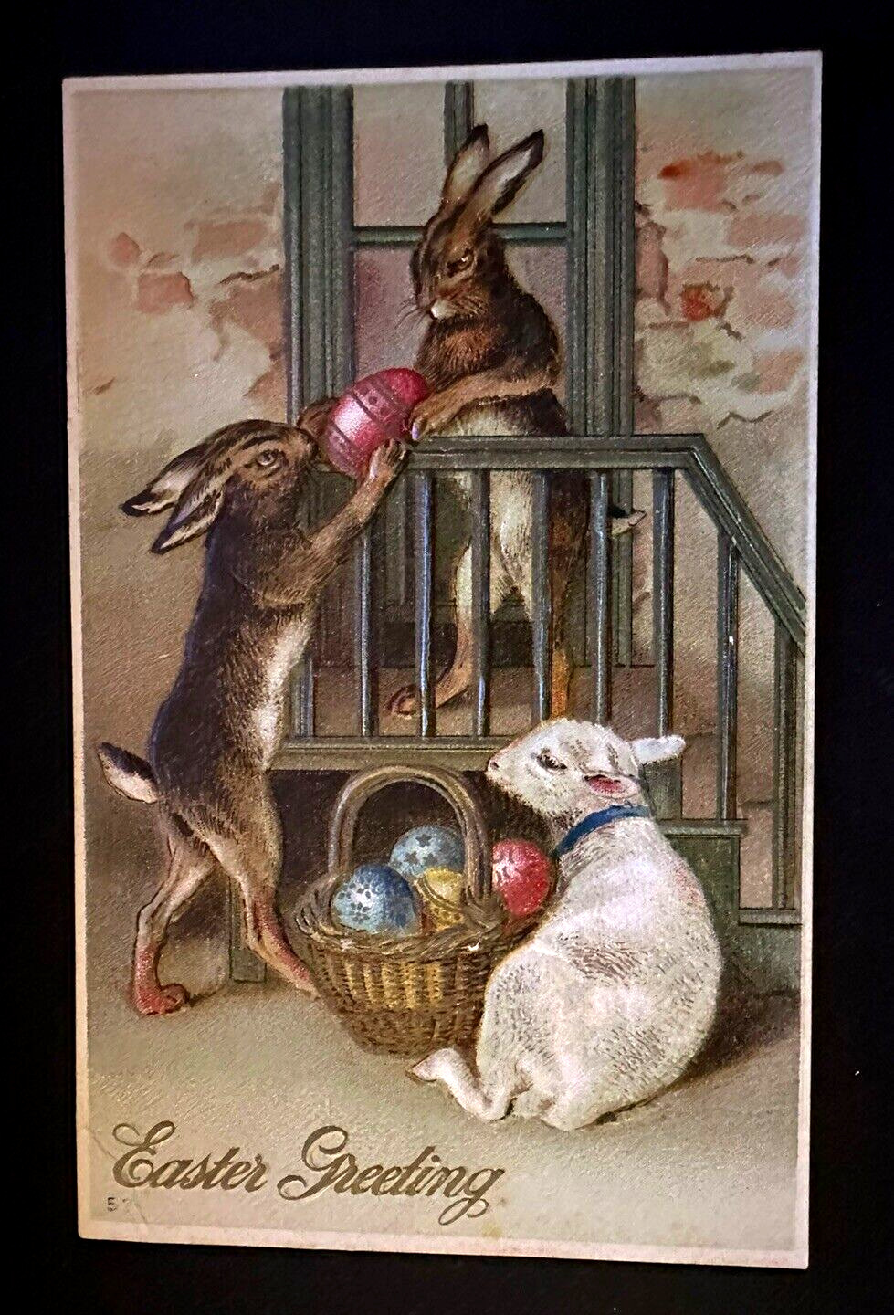 ~Humanized Bunny Rabbits with Lamb~ Antique Anthropomorphic Easter Postcard~h351