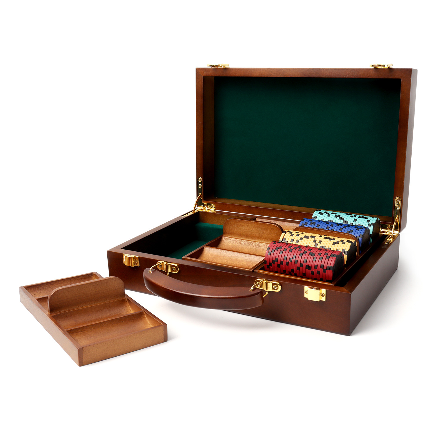 300 Count Walnut Premium Solid Wood Poker Chip Case with Wooden Chip Trays