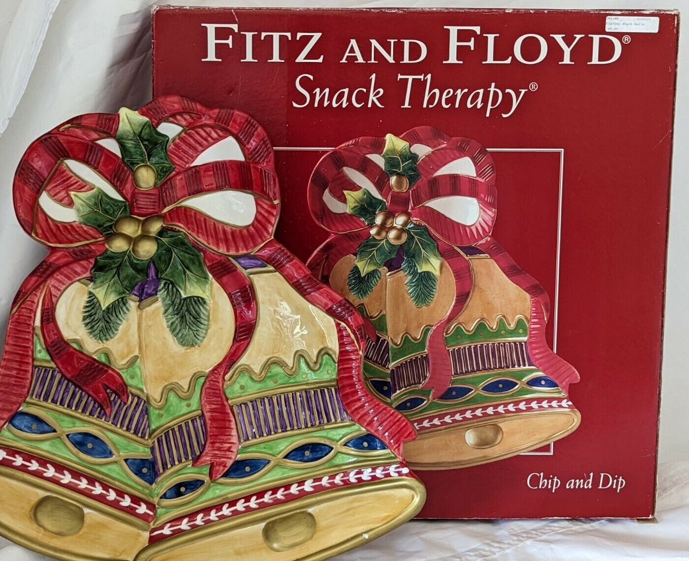 Fitz And Floyd Snack Therapy Chip and Dip Christmas Bells 2004 Bowl