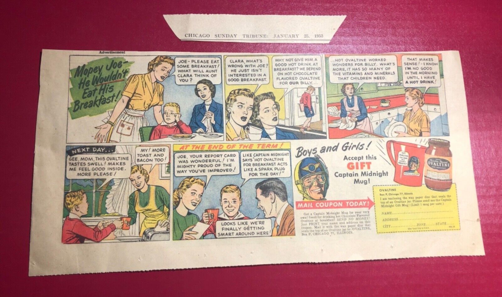 1953 “Captain Midnight Mug” Mail-in Coupon Ovaltine print ad 15x7”