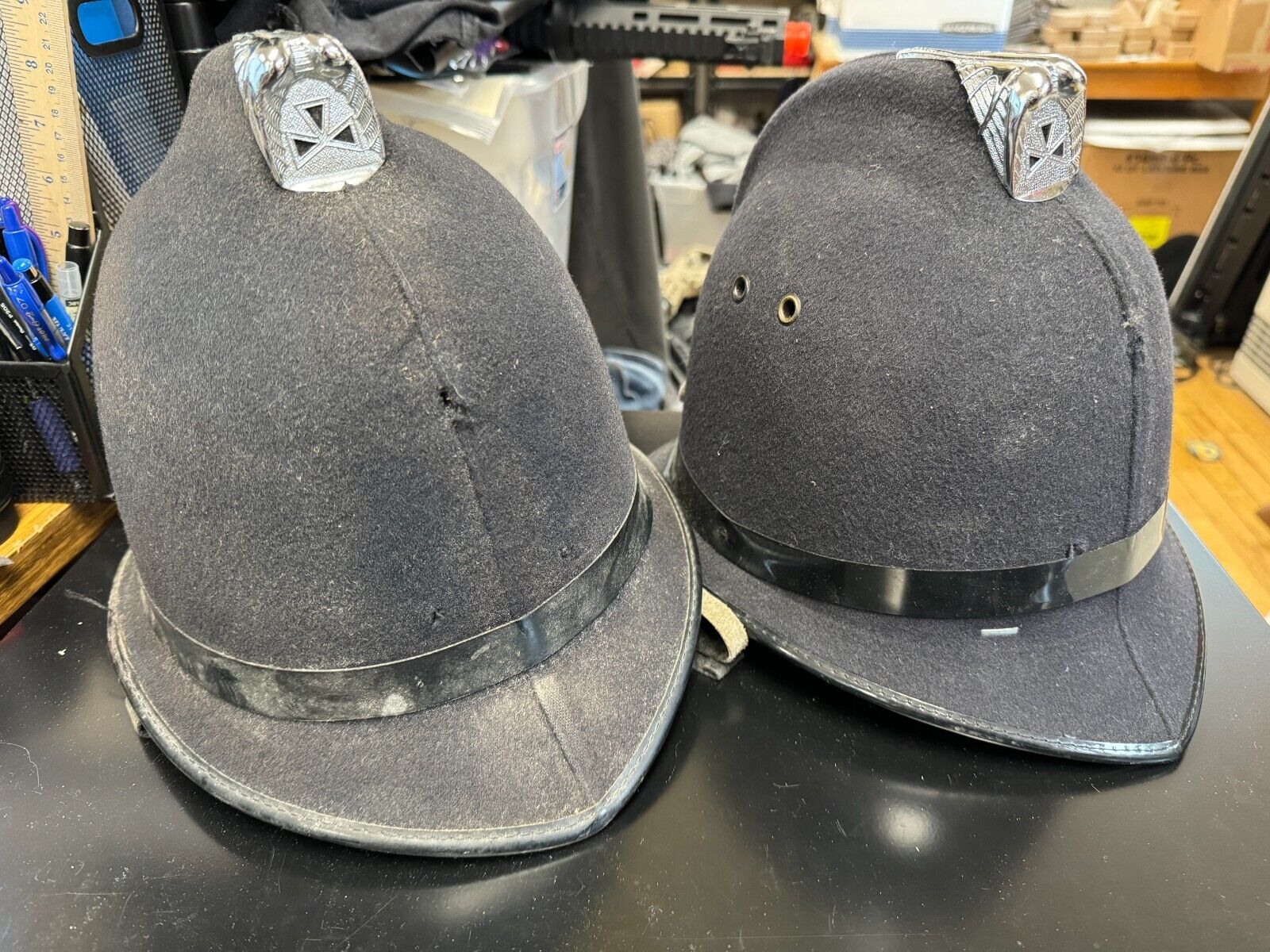 Two Vintage British Police Hat  CONSTABULARY Metal Badge Custodian Helmet