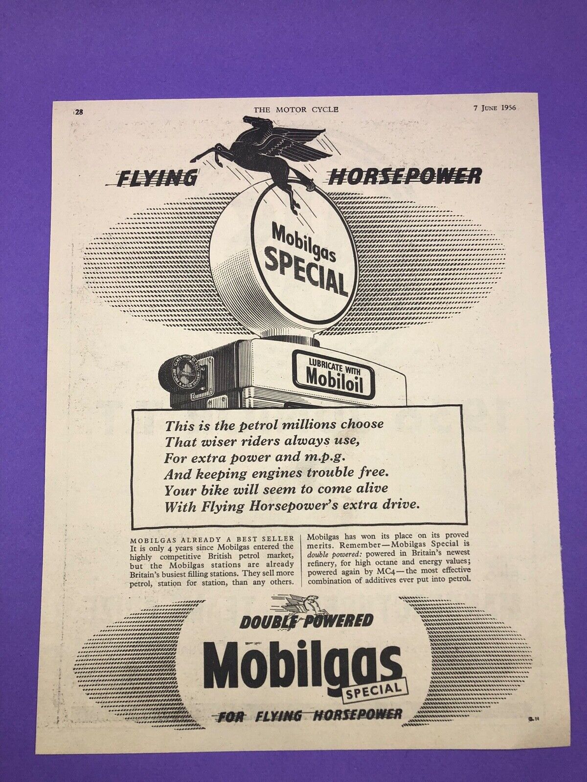 Mobilgas Petrol 1956 Press Advert