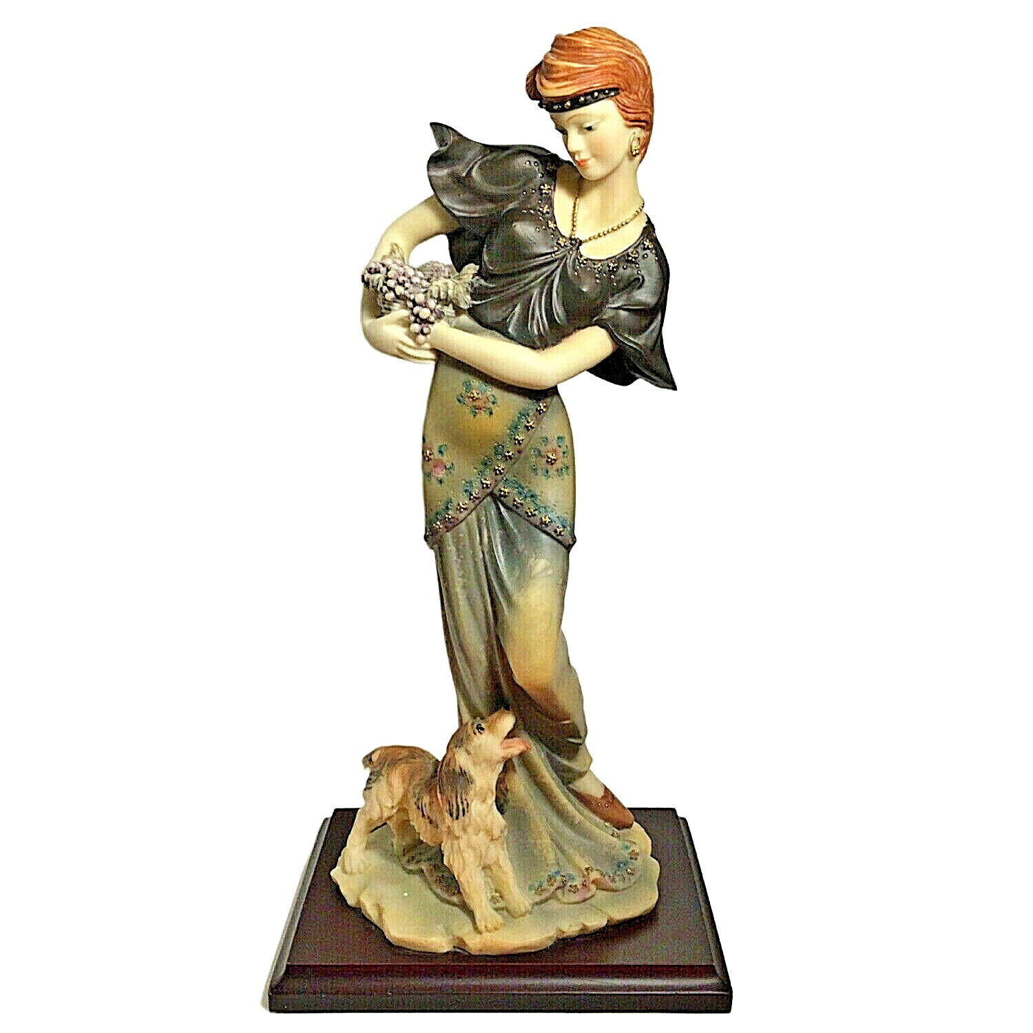 VINTAGE LADY FIGURINE WITH DOG CARRYING GRAPES ELEGANT 14 1/2\