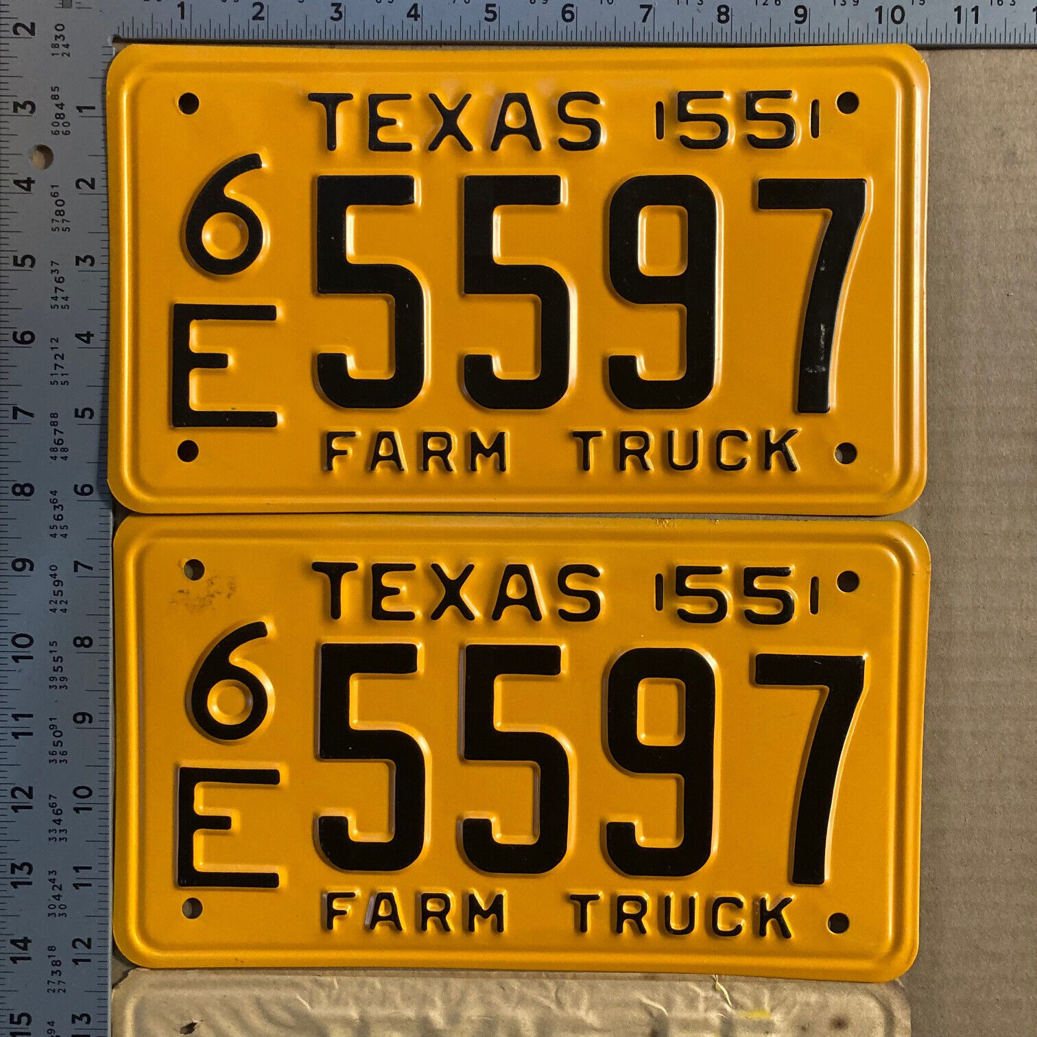 Texas 1955 farm truck license plate pair 6E 5597 Ford Chevy Dodge vintage 1291