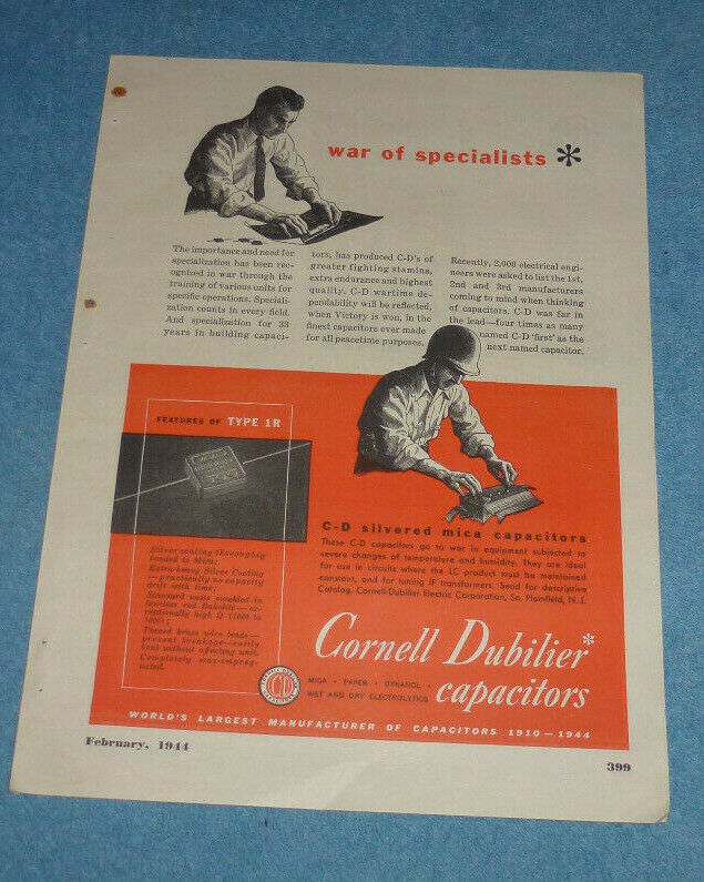 Antique 1944 Ad Cornell Dubilier Capacitors + Insuline + Crescent Industries