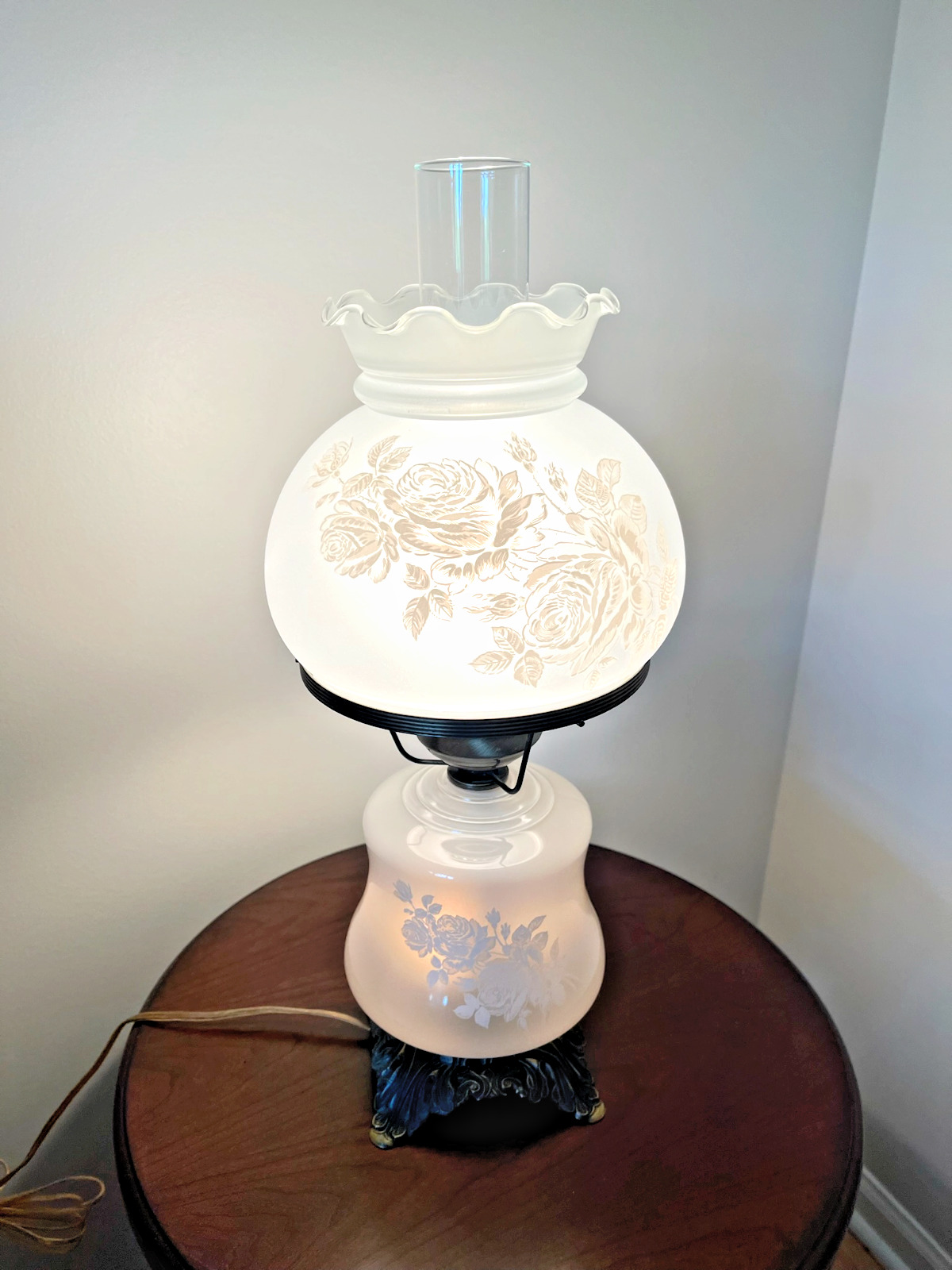 Vintage Hurricane Lamp Rose Floral Pattern Iridescent Parlor Lamp Mint