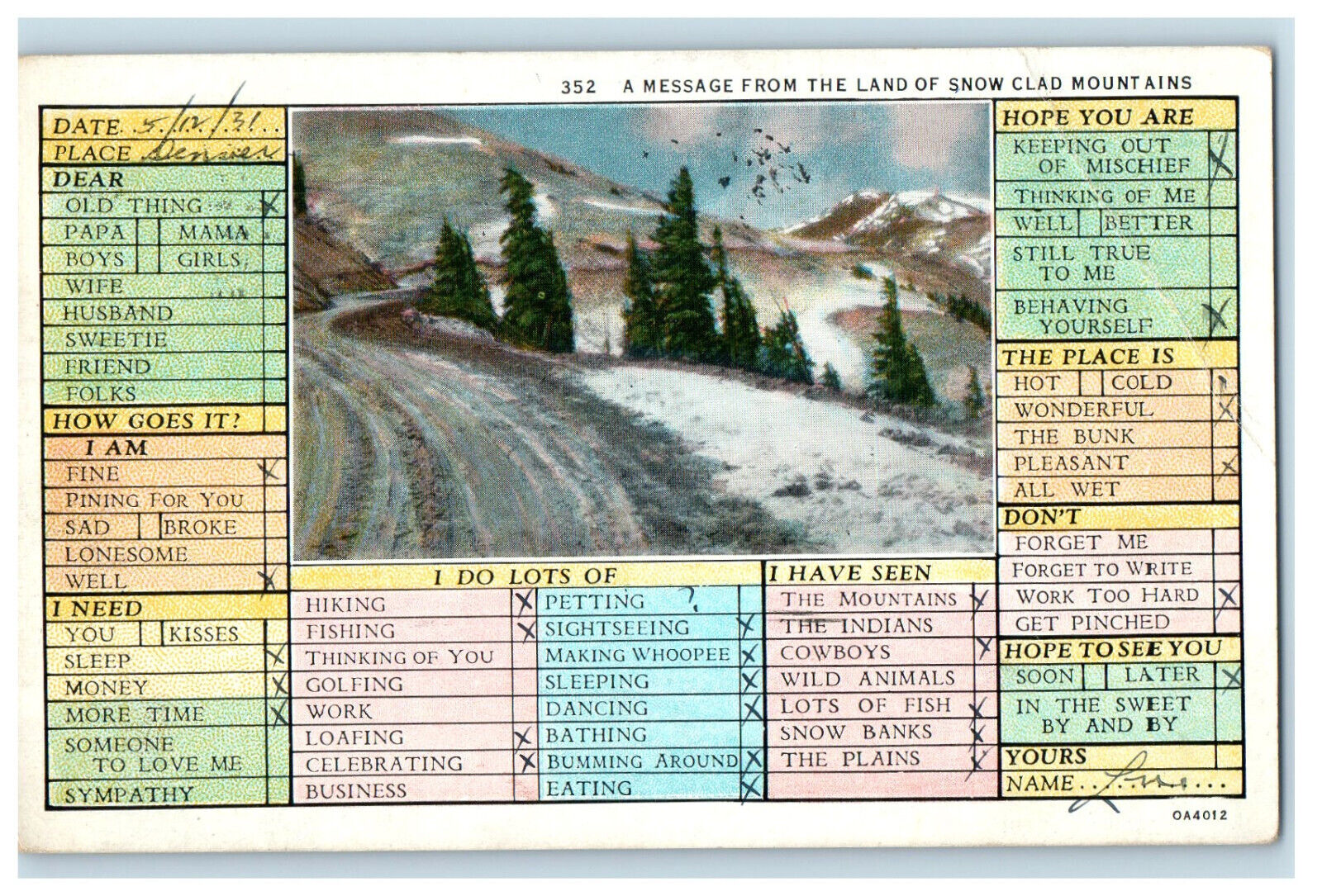 1931 A Message from the Land of Snow Clad Mountains Denver CO Postcard