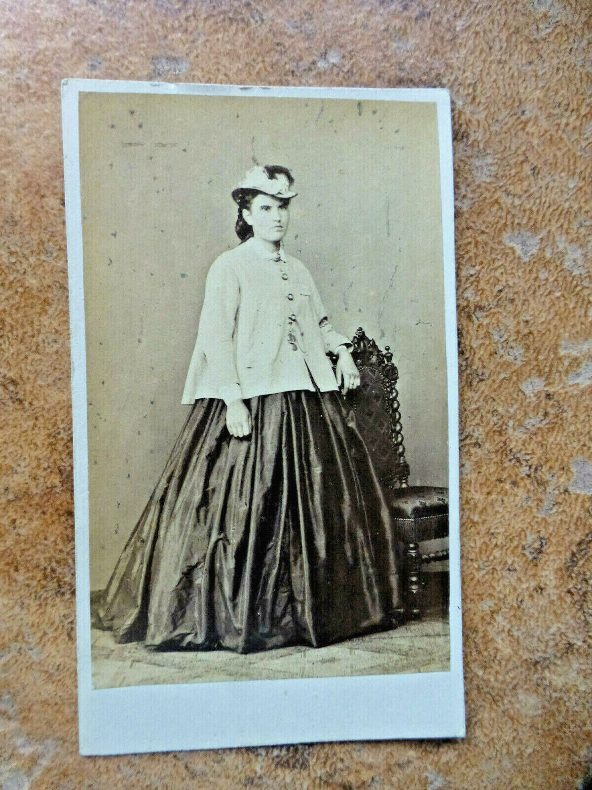 CDV Cabinet Photo Civil War Era Young Woman Fashion Hat Jacket Satin Gown