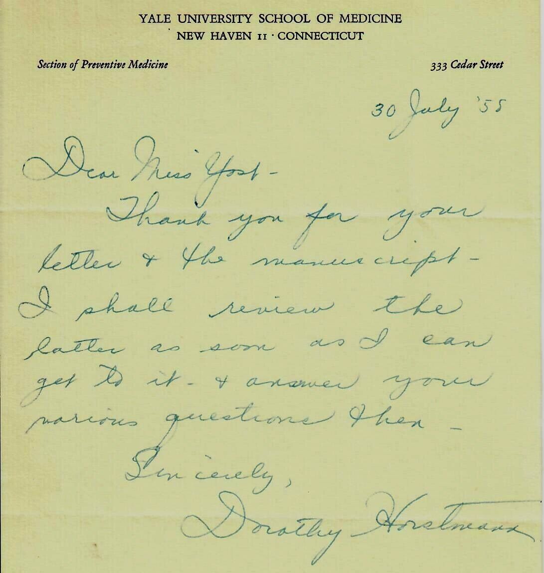 “Epidemiologist” Dorothy M Horstmann Hand Written Letter Dated 1958 COA