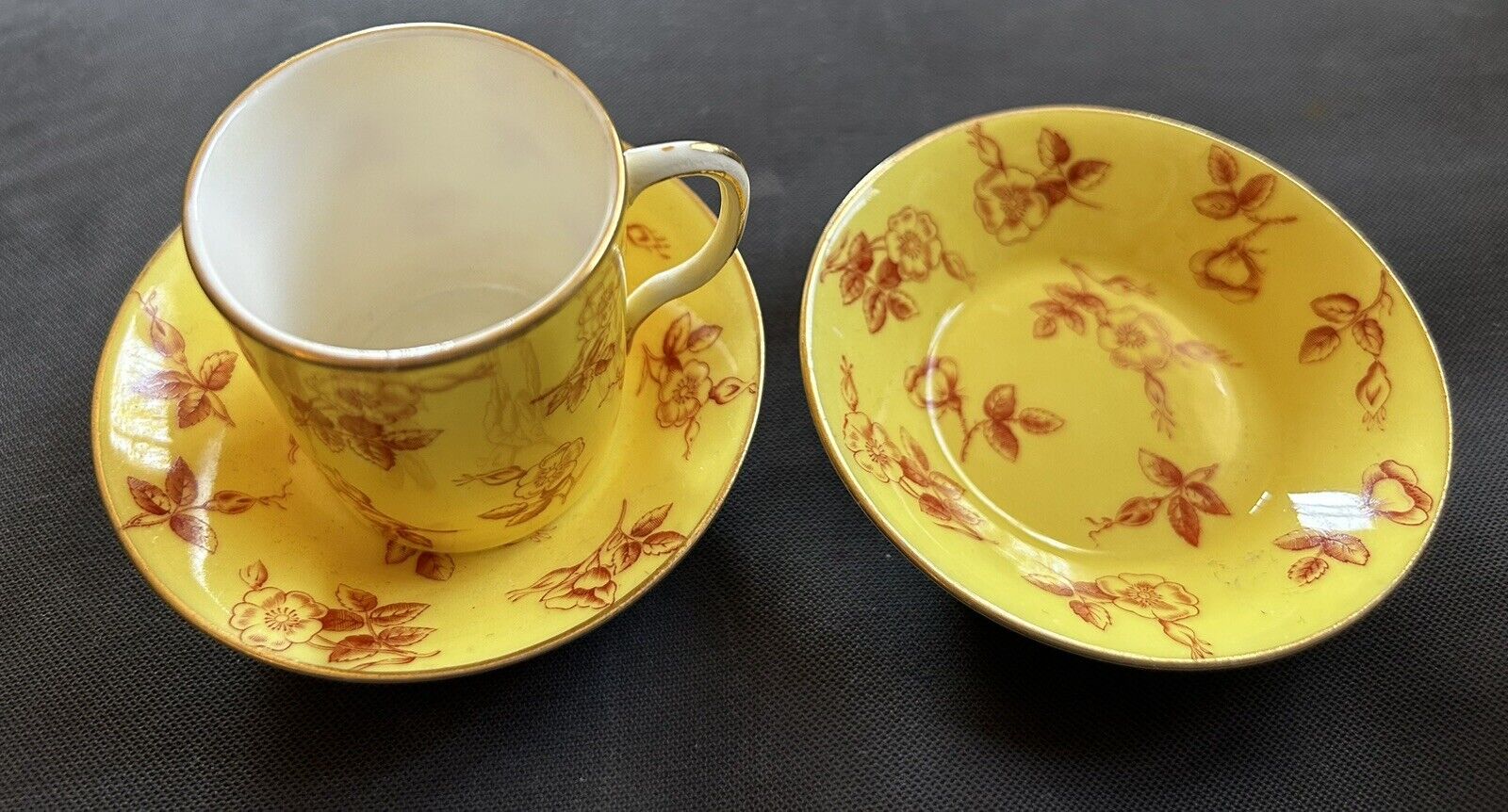 Antique Royal Worcester Demitasse Cup & 2 Saucers - Yellow w/ Red Flowers