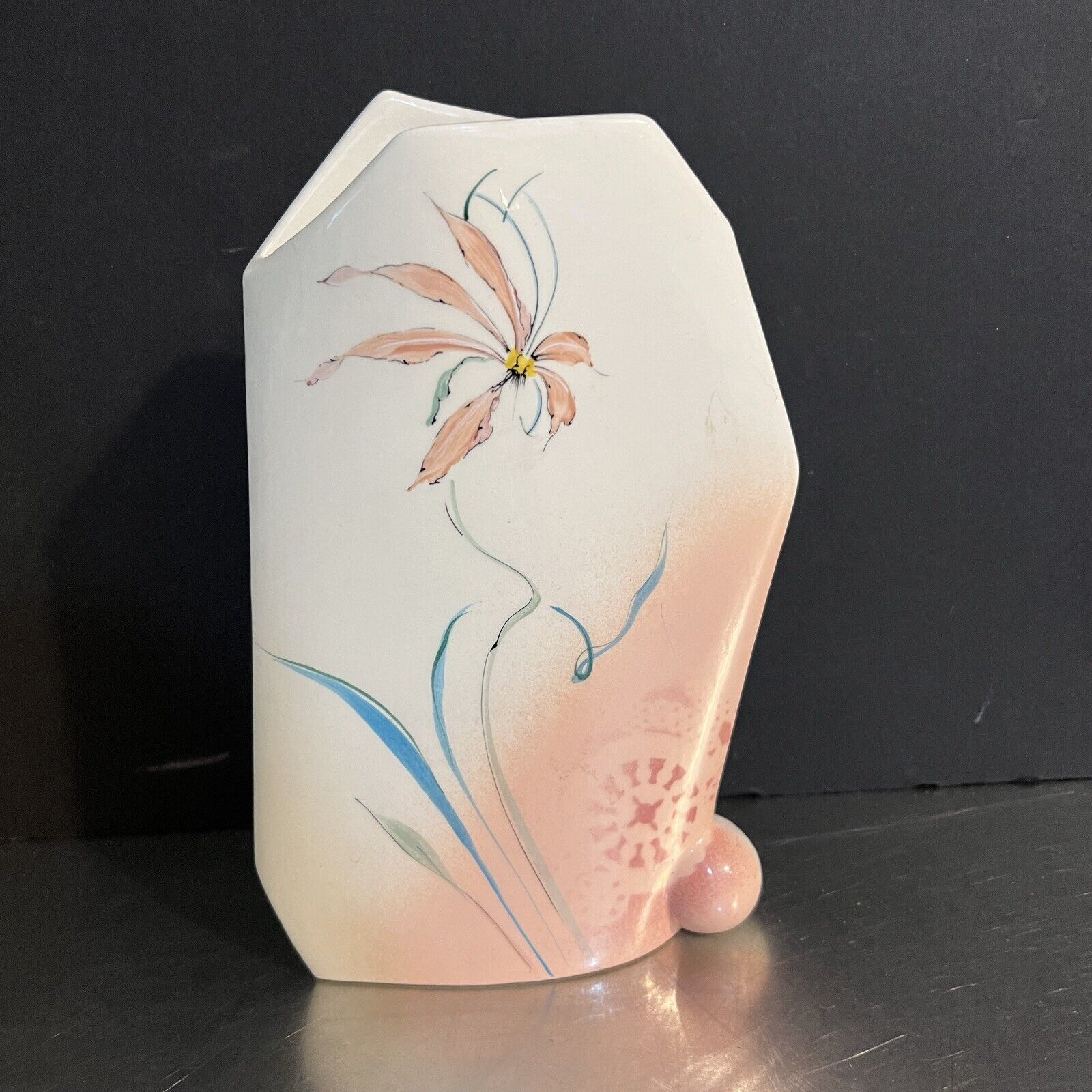 Vase Hand Painted Porcelain Baatz Artist Signed Assymetrical Coral Aqua VTG Gift