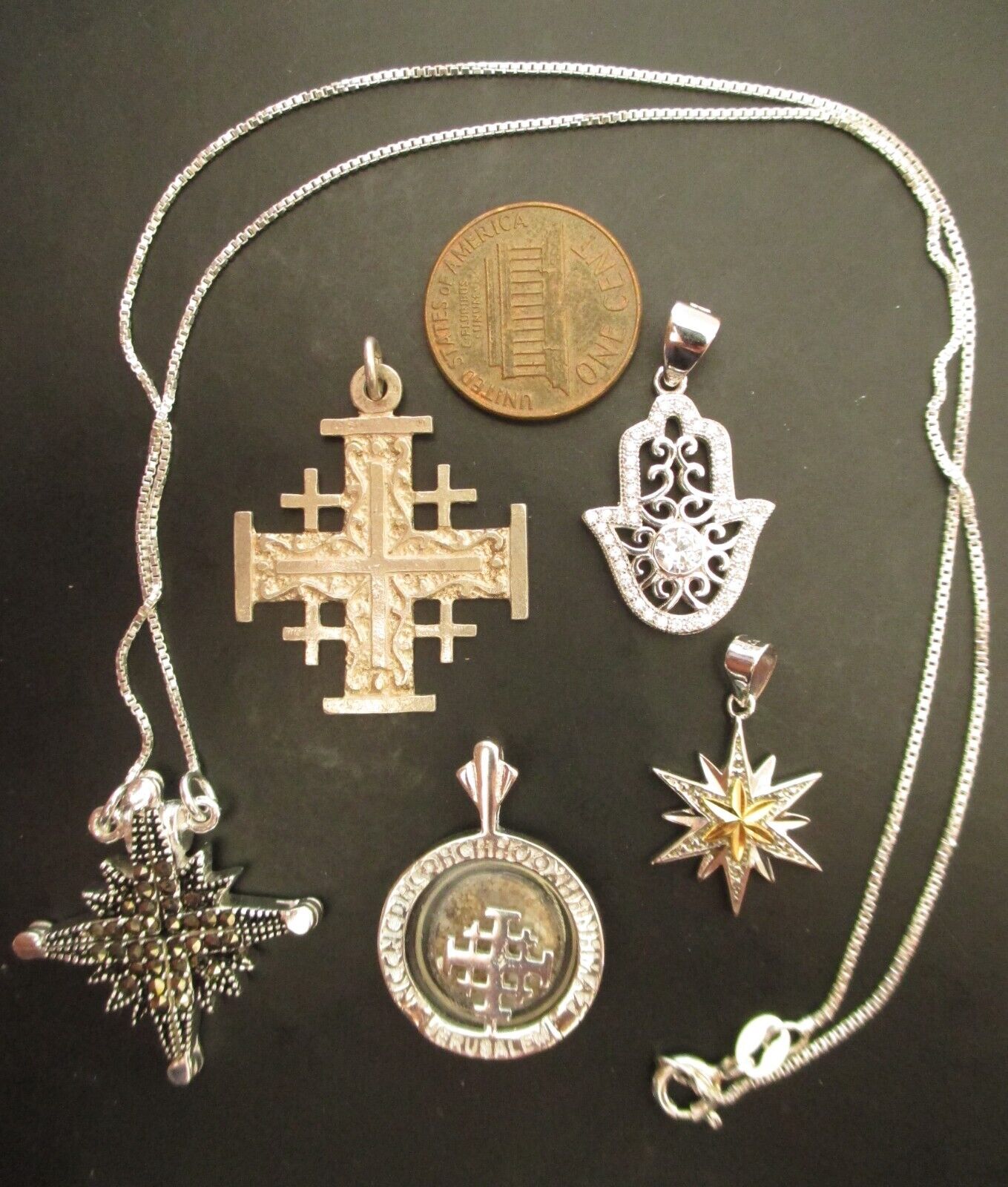 Lot Of 5 Lovely 925 Sterling Silver Pendants, Crosses From Jerusalem Holy Land