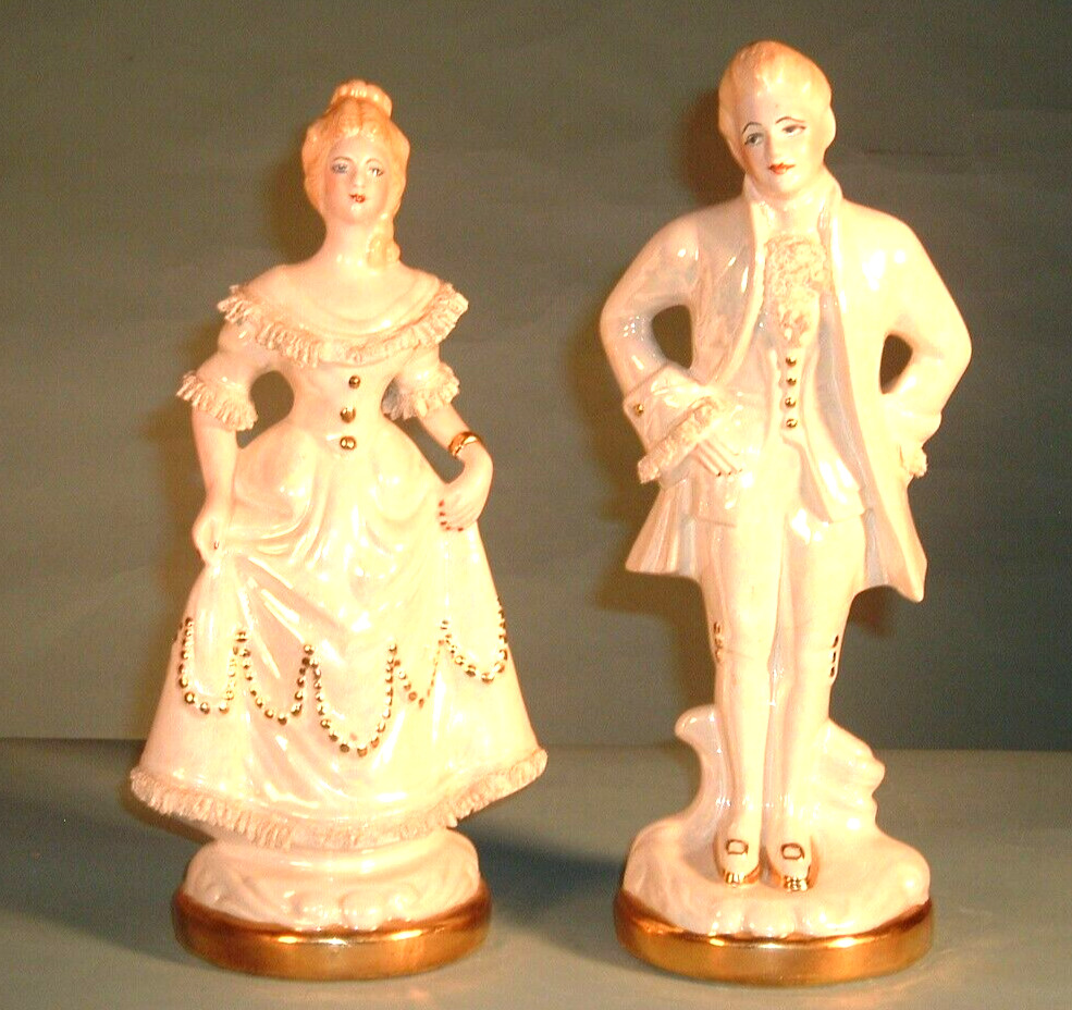 Vintage Colonial Figurines Elegant Pair Ecru Lace Porcelain Large Figurines 12\