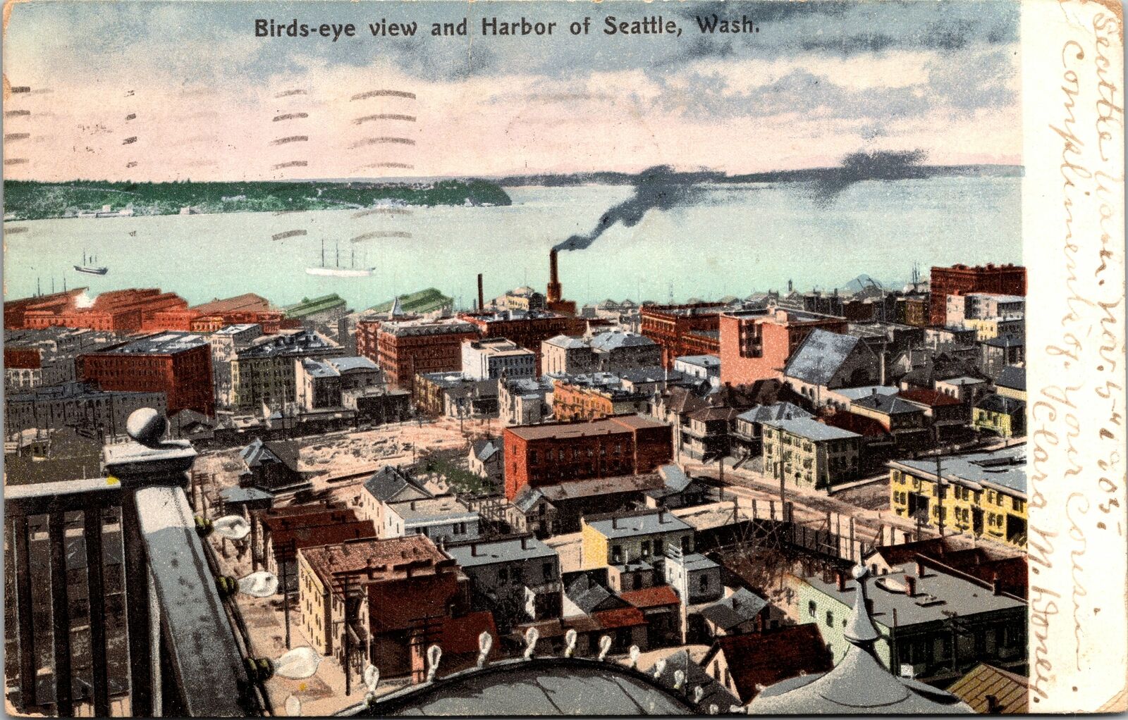 VINTAGE POSTCARD AERIAL VIEW OF THE HARBOR AT SEATTLE WASHINGTON MAILED 1905 UB
