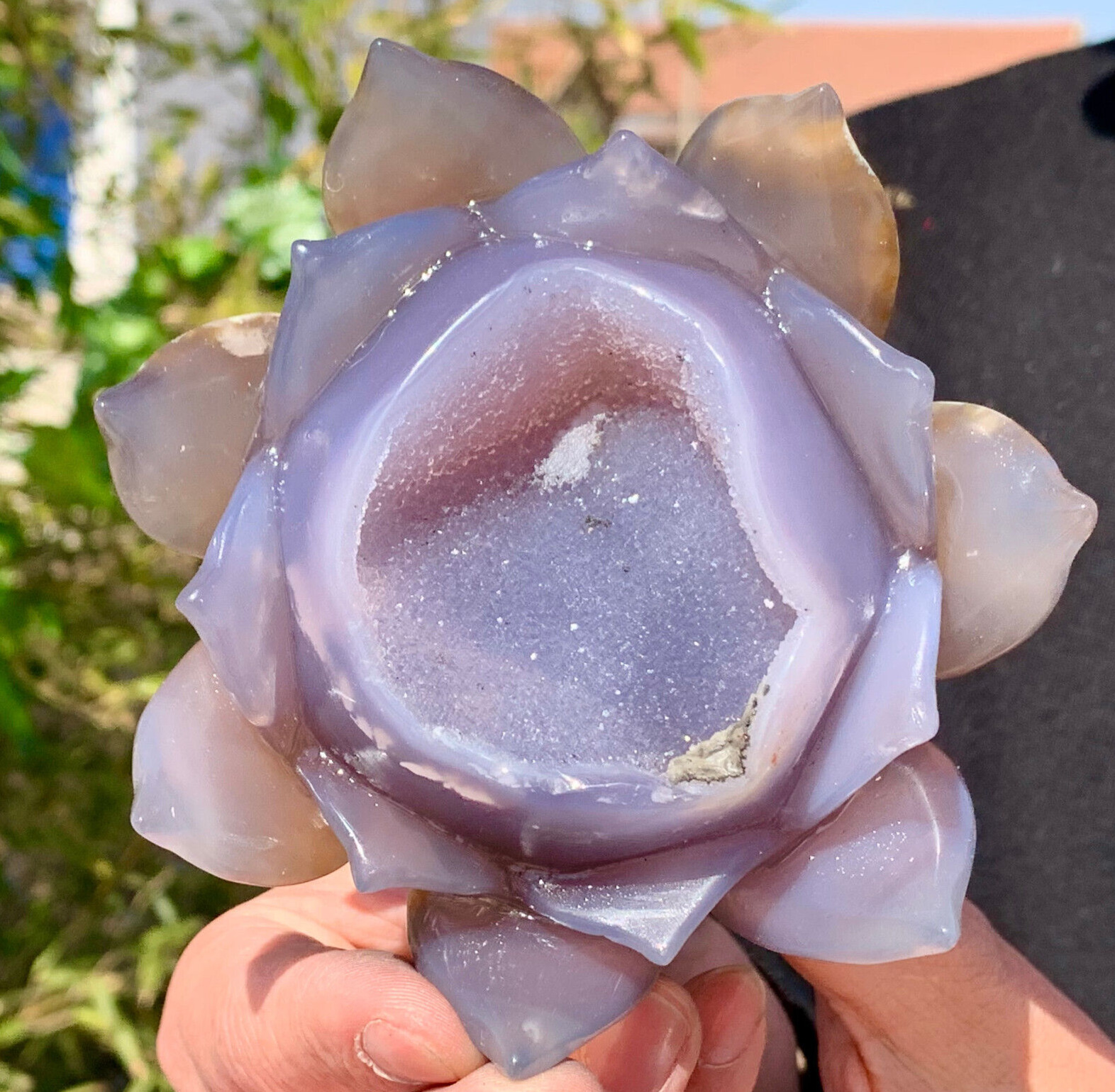 413G Natural GEODE Agate Hand Carved Lotus Quartz Crystal Reiki Healing Gift