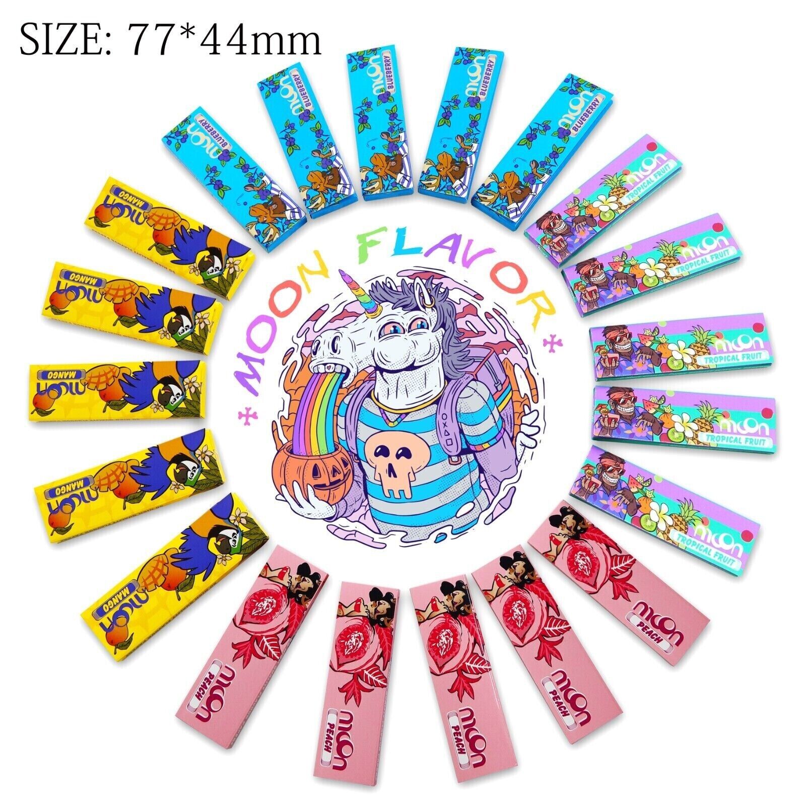 🌈Moon 20 Packs 4 Flavored Rolling Paper 1 1/4 Size 77 mm Wood Combo Pack