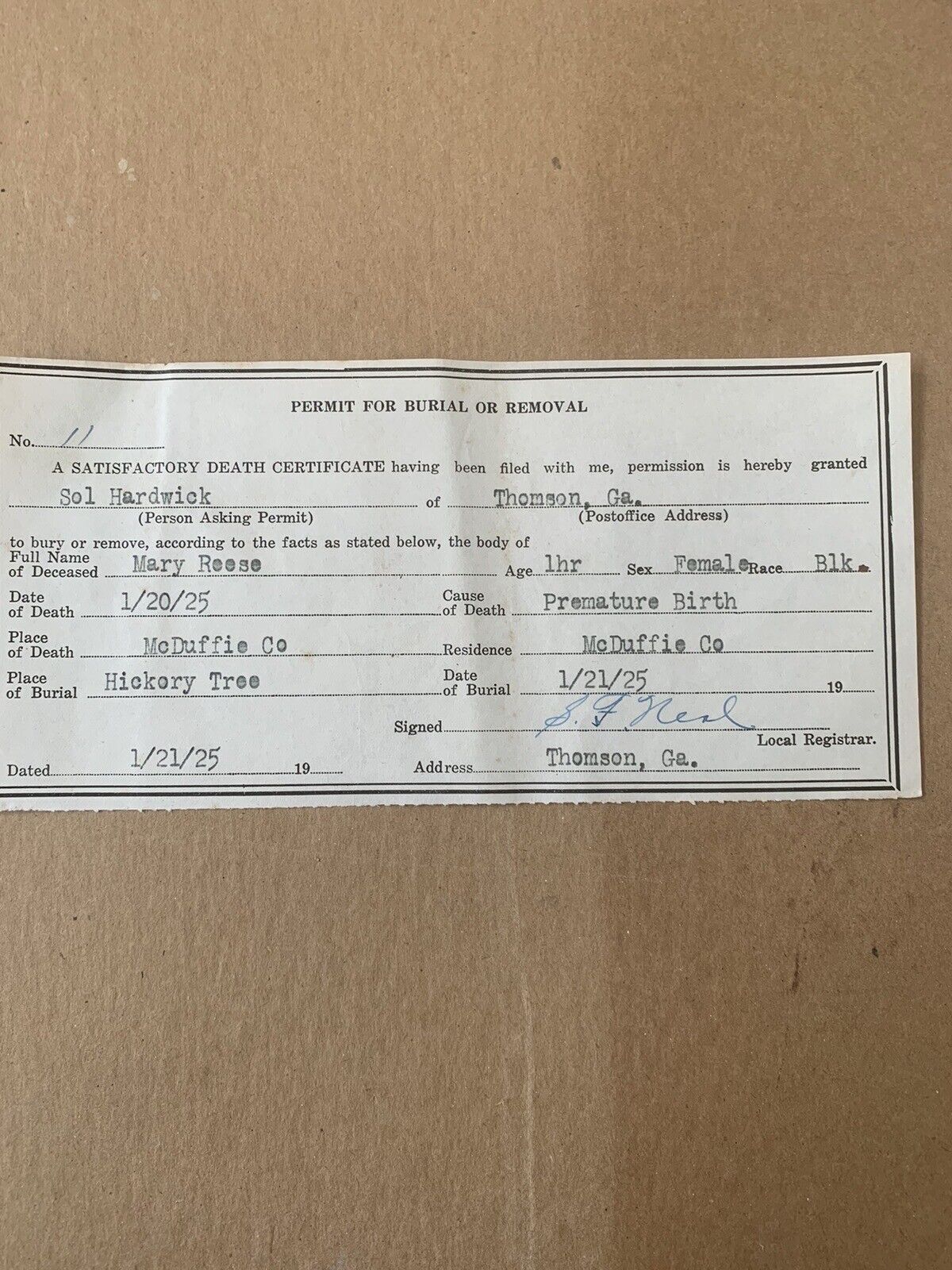 Permit For Burial Premature Birth Thomson Georgia 1925