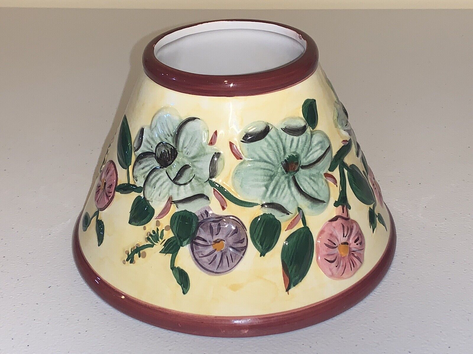 Ceramic Candle Topper FLORAL DESIGN Burgundy w Aquamarine & Pink 6.5\