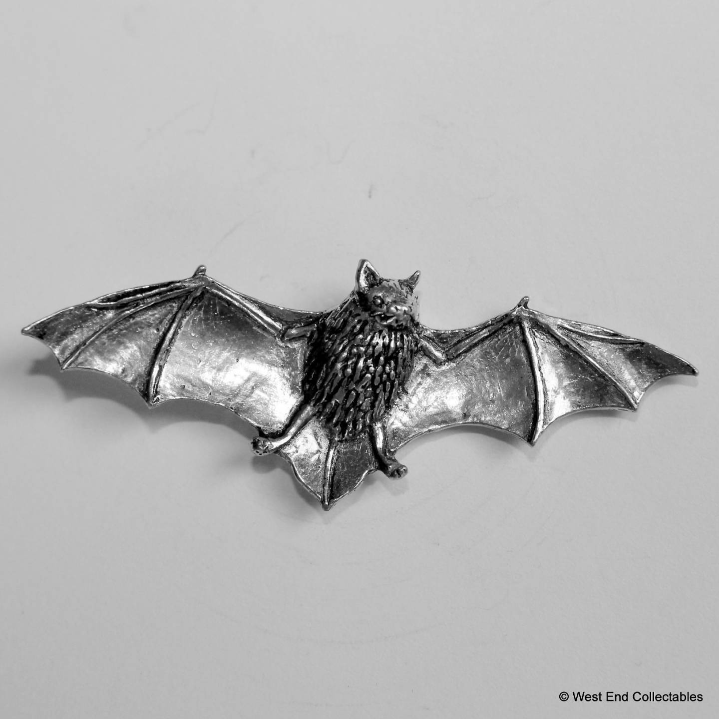 Bat in Flight Pewter Pin Brooch -British Handmade- Vampire Halloween Gothic