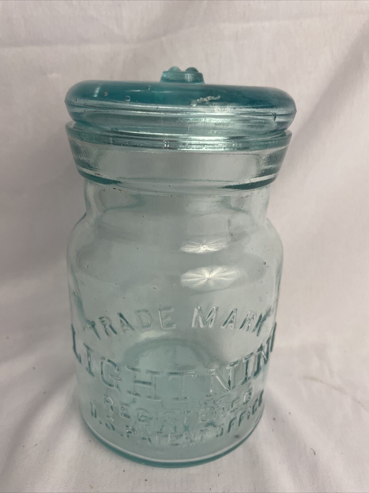 Putnam Trademark Lightning Aqua Glass Jar Vintage