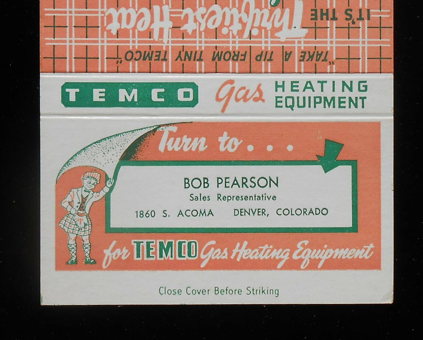1950s Billboard Temco Gas Heating Equipment Bob Pearson Rep Denver CO Matchbook