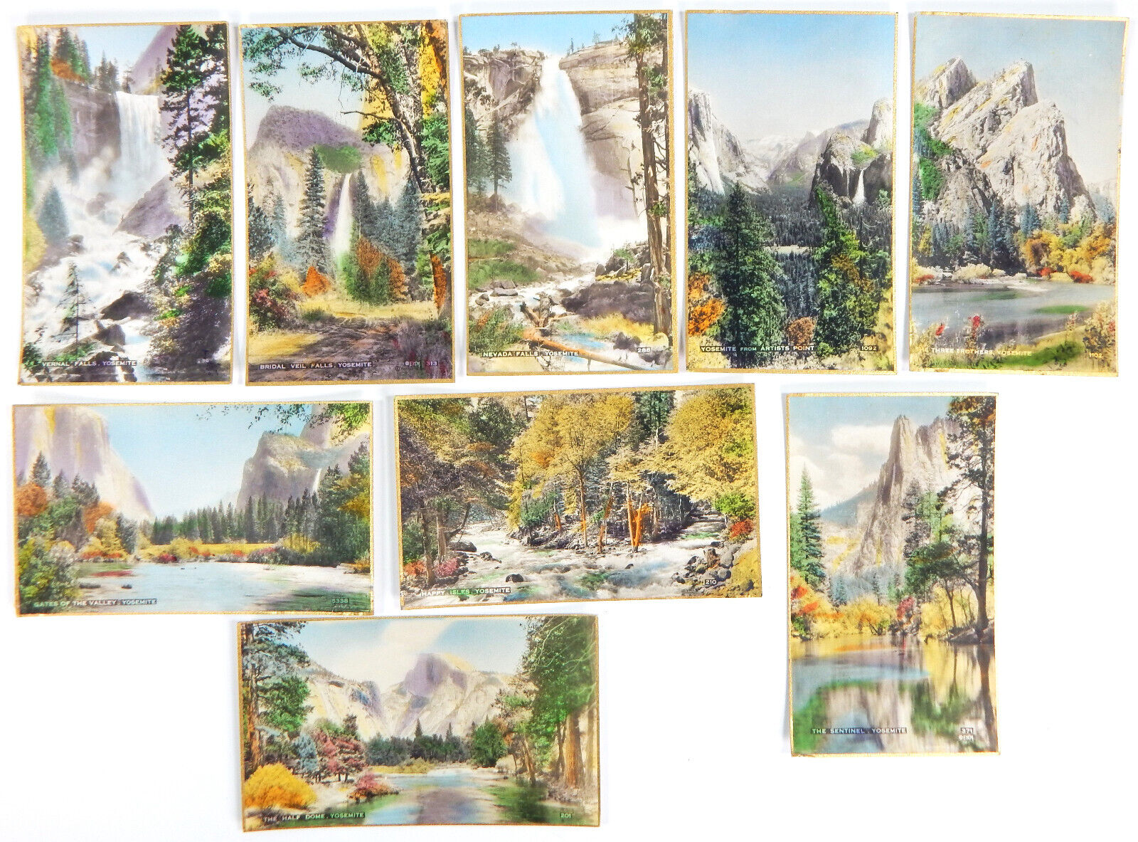 COLLECTION OF 9 HAND TINTED 1911 YOSEMITE LINEN CARDS FREDERICK W MARTIN 4 1/2\