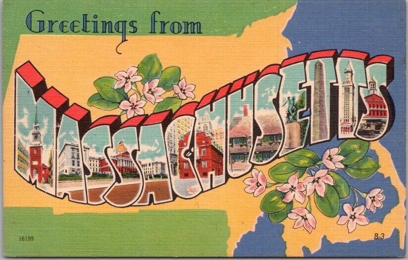 MASSACHUSETTS Large Letter Postcard state Map Outline / Colourpicture Linen