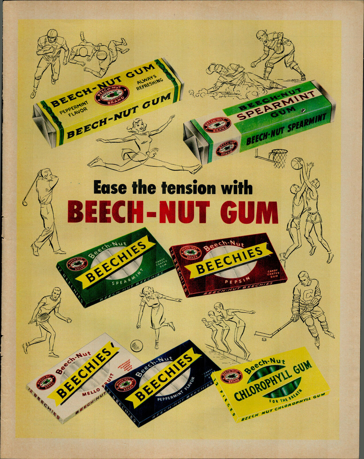 1954 Beech Nut Gum Sports Activities Soccer Swimming Golf Vintage Print Ad 2542