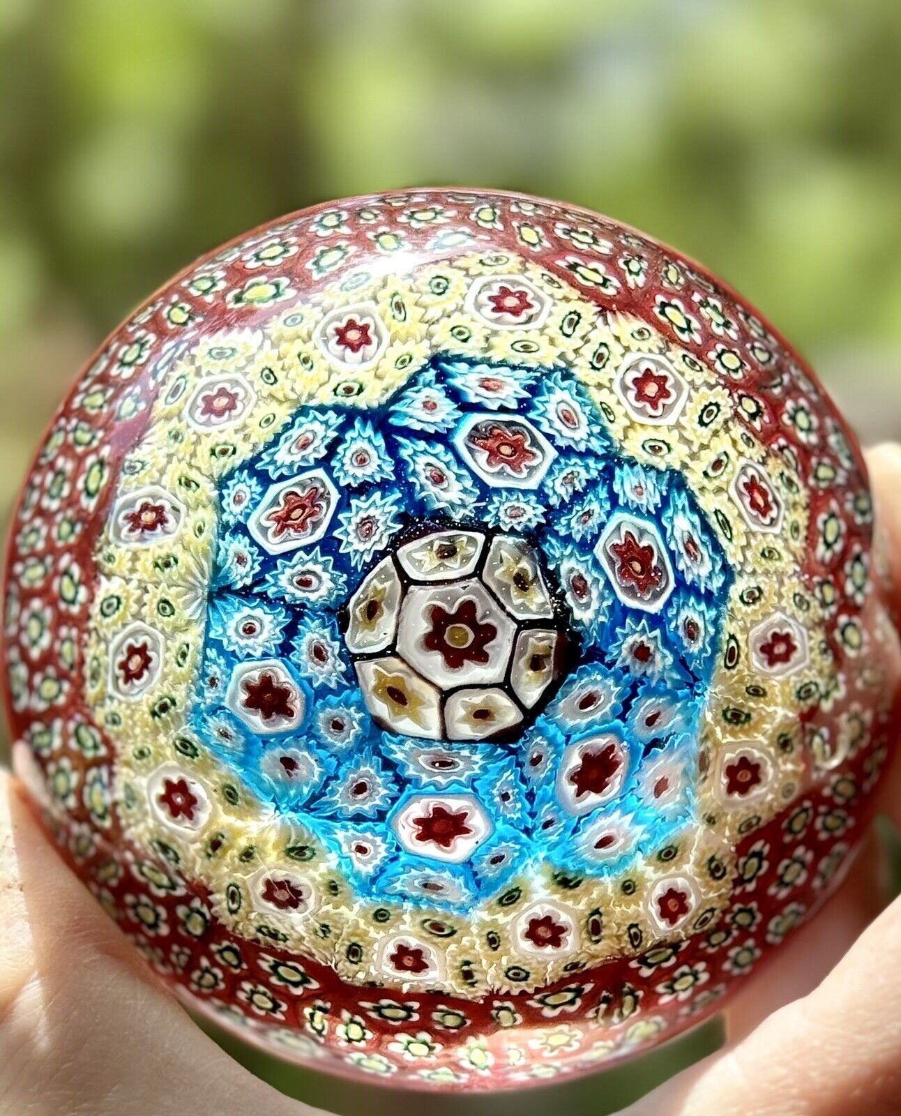 Large Millefiori Paperweight Red, Yellow, Blue Floral Design