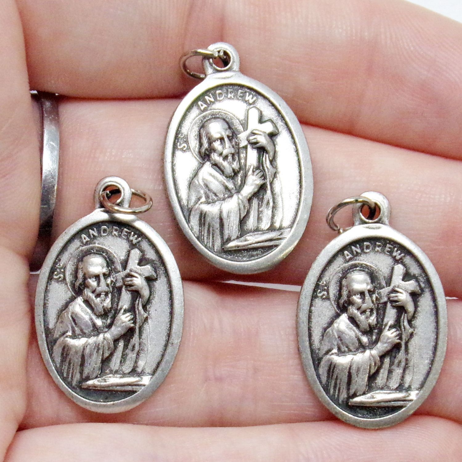St Saint Andrew Silver Tone Oval Prayer Pendant Medals for Rosary Parts 1 In