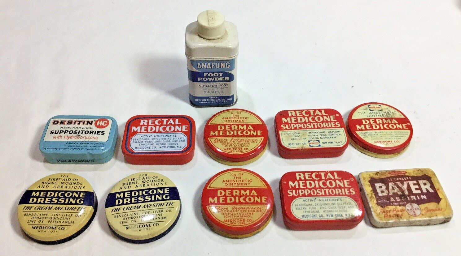 11 Vintage Tin Anesthetic Cream, Desitin, Bayer, Foot Powder Tin Containers