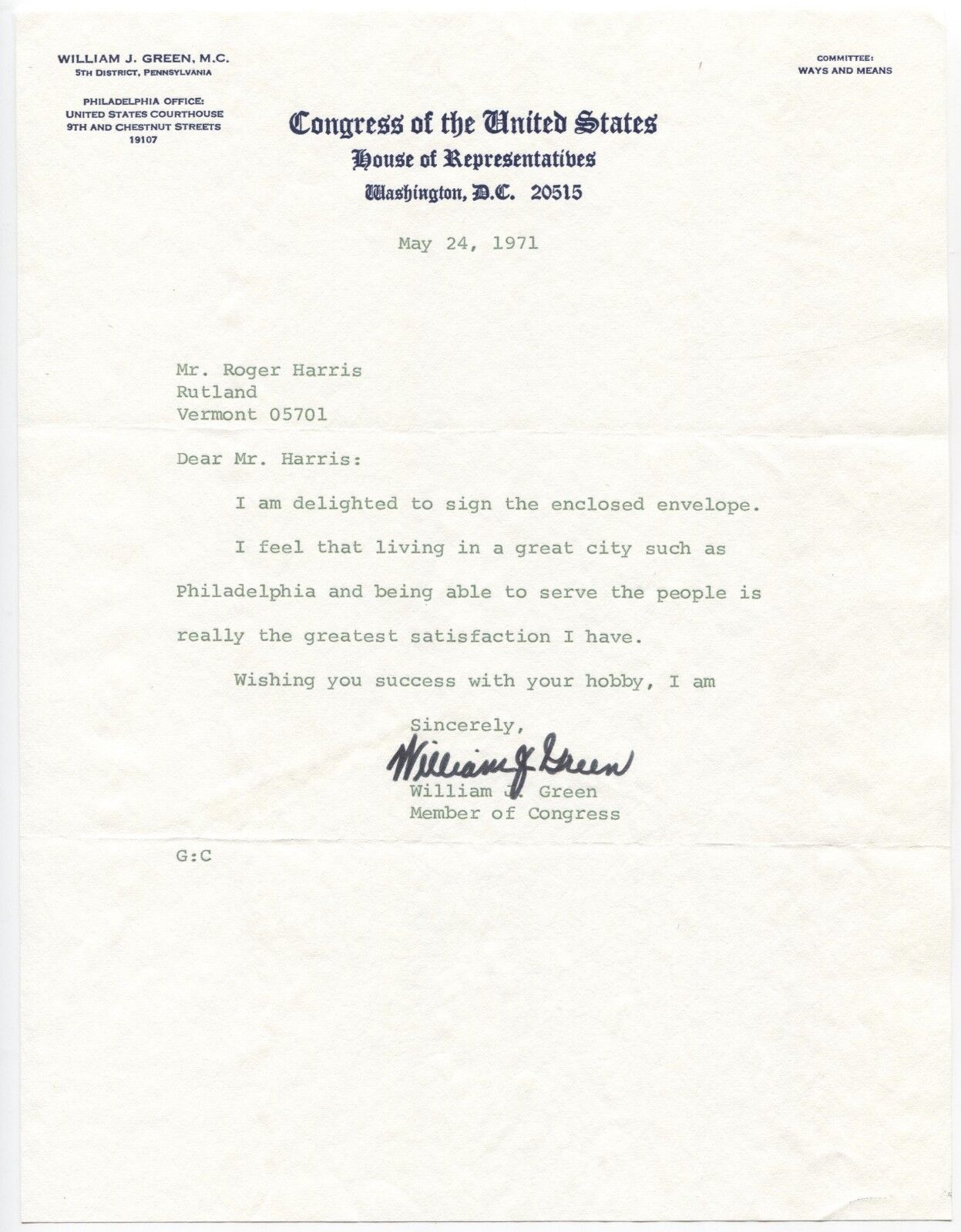 William J. Green Signed Handwritten Letter Autographed Vintage Signature