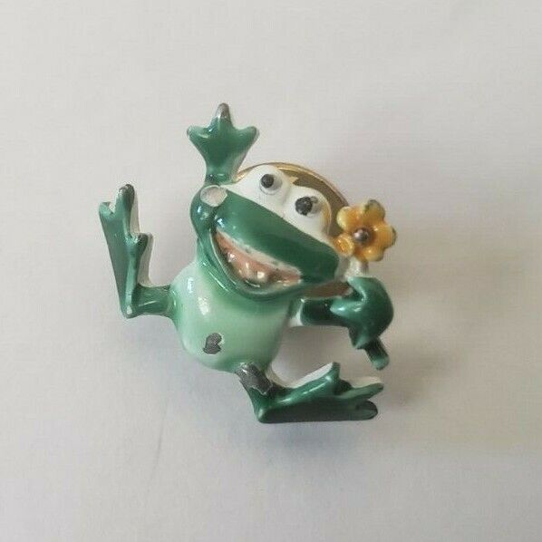 Vintage Frog with Flower Collectible Pin metal ou48 funny animal toad wacky