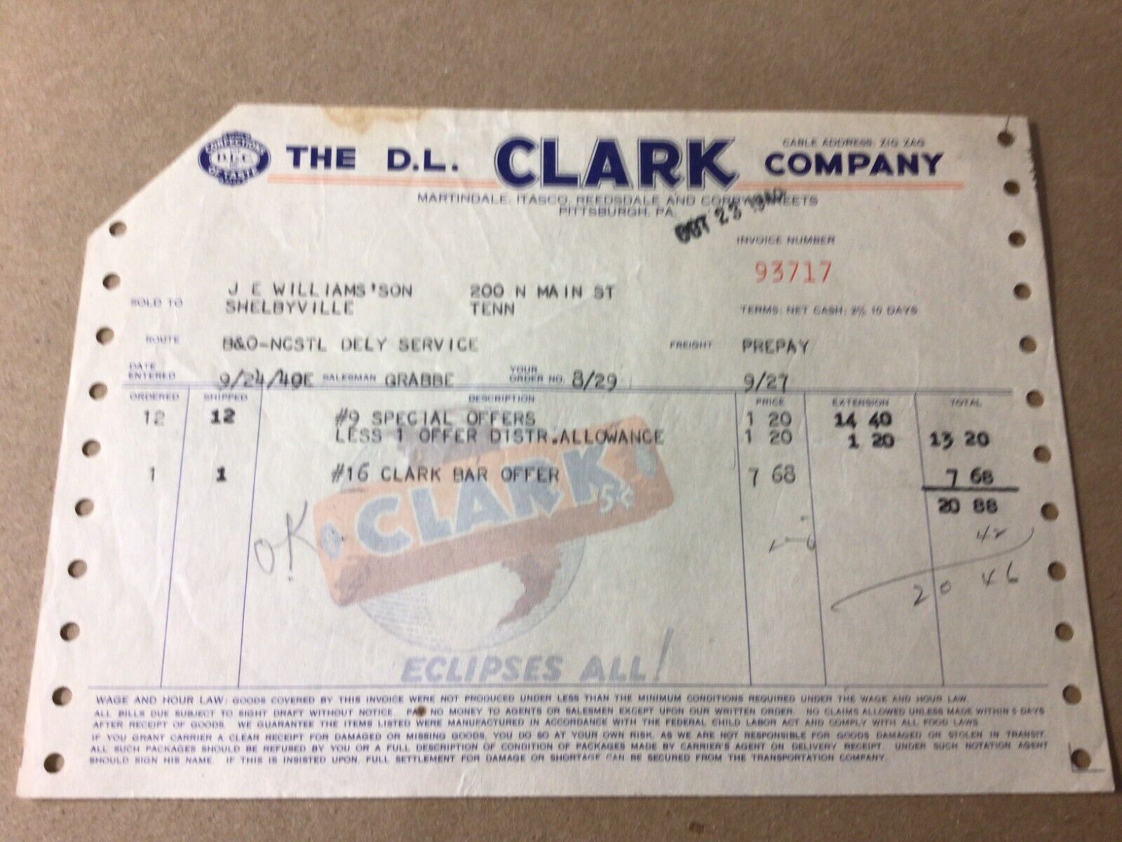 D. L. Clark Candy Bar Company Pittsburgh, Pa. 1940 Invoice  Confections of Taste
