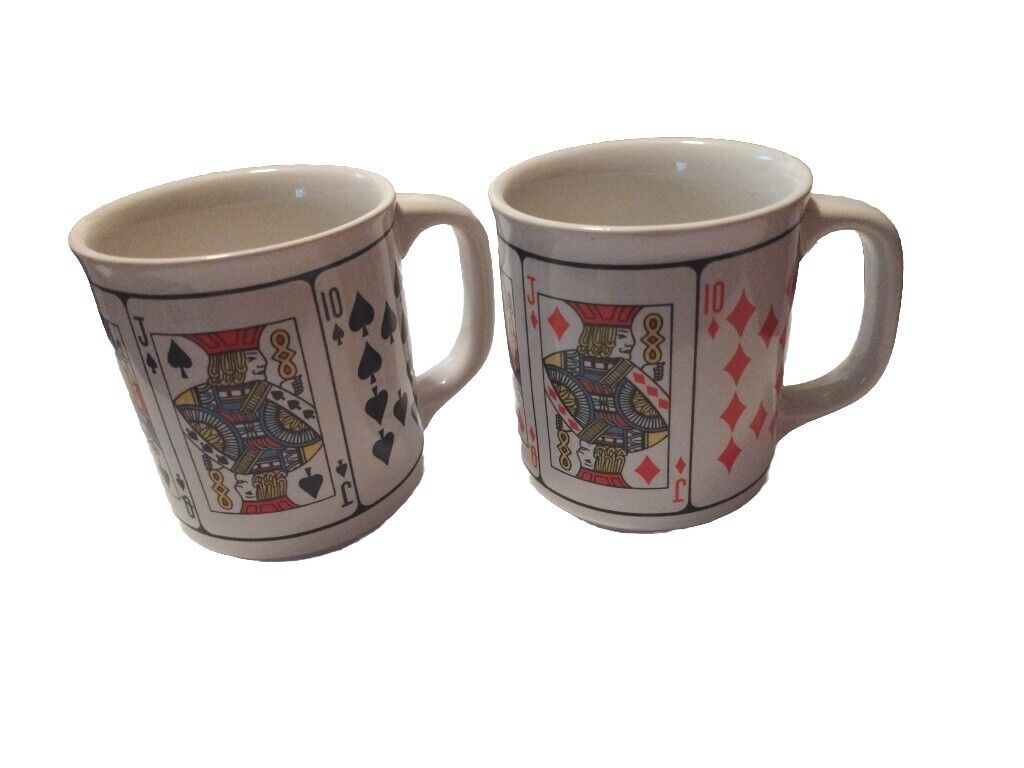 2 Royal Flush Heart Playing Cards Ceramic Coffee Mugs Cup Poker Queen King Vtg