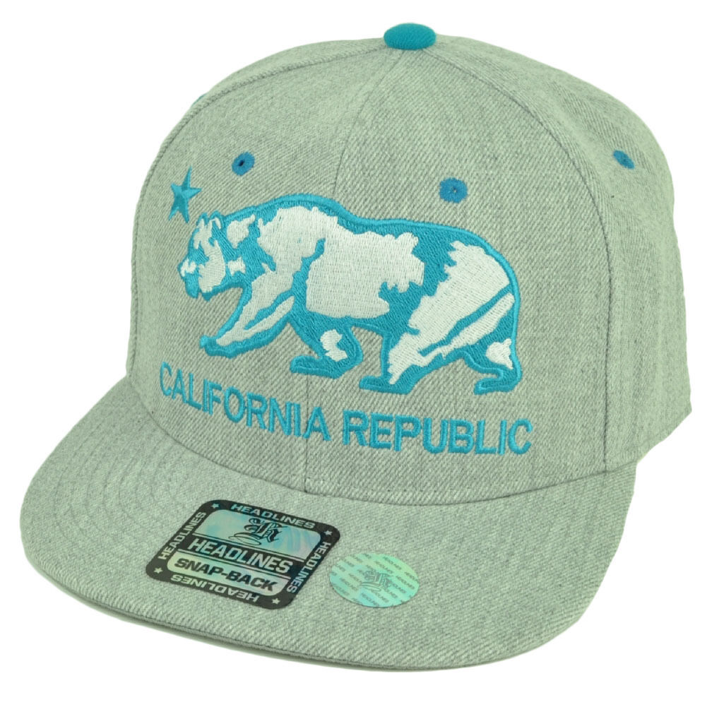 Cali California Republic Bear Logo Flat Bill Hat Cap Snapback Heather Gray Aqua