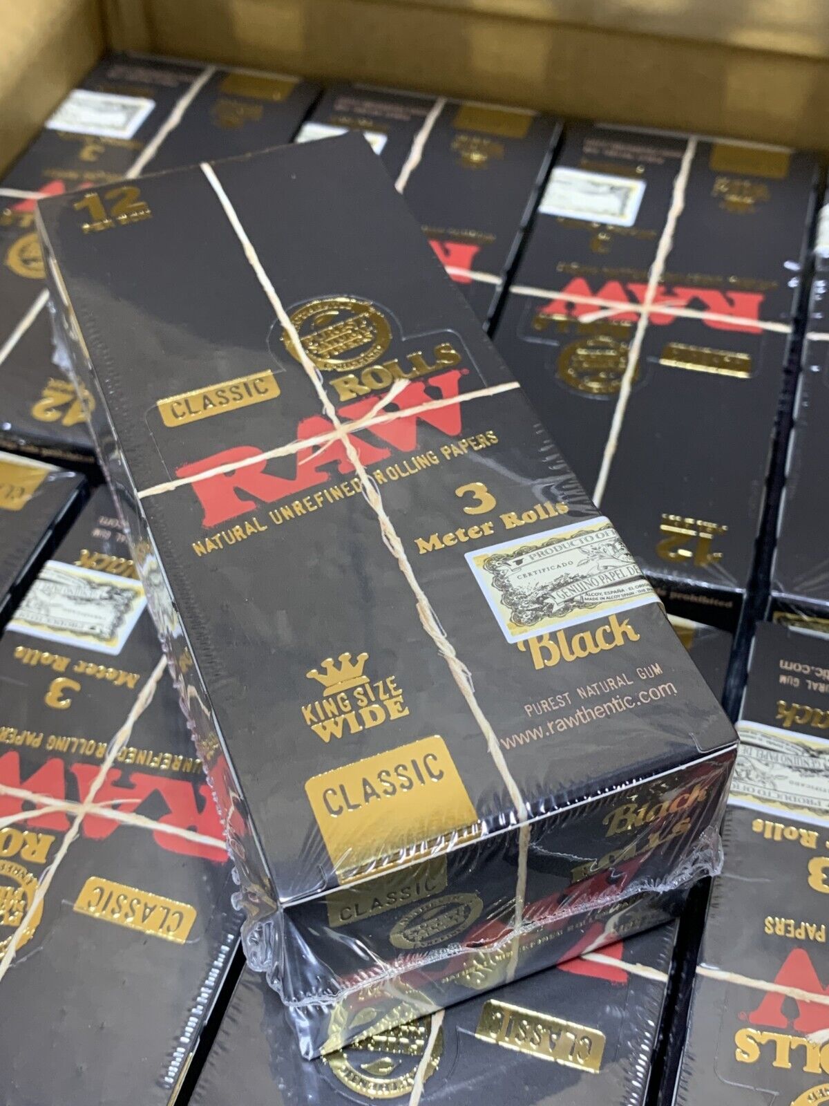 New FULL BOX of 12 ROLLS of RAW Black CLASSIC Rolling Paper KING SIZE WIDE