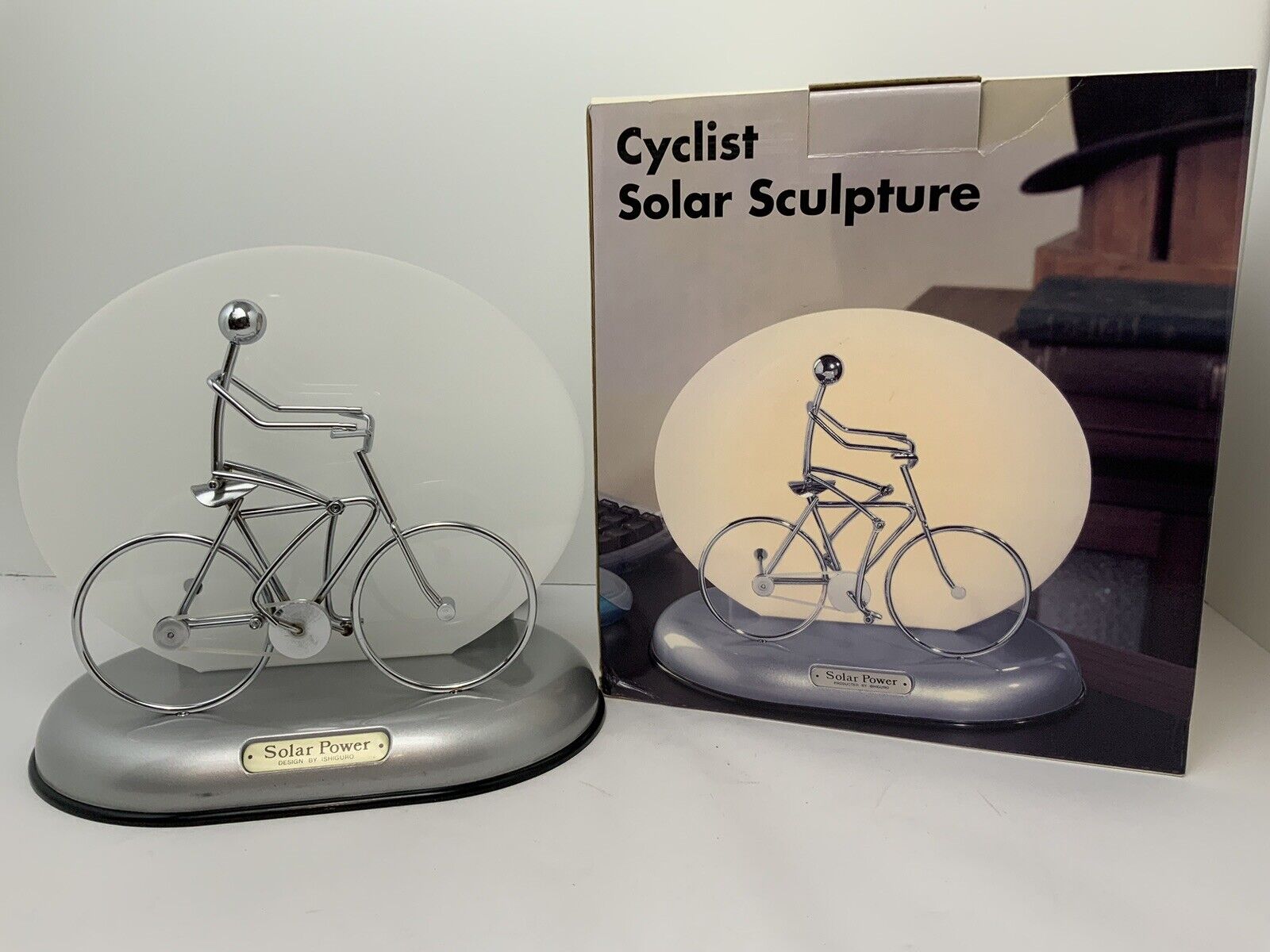 Vintage Ishiguro Cyclist Biker Kinetic Sculpture Lamp With Solar Panel
