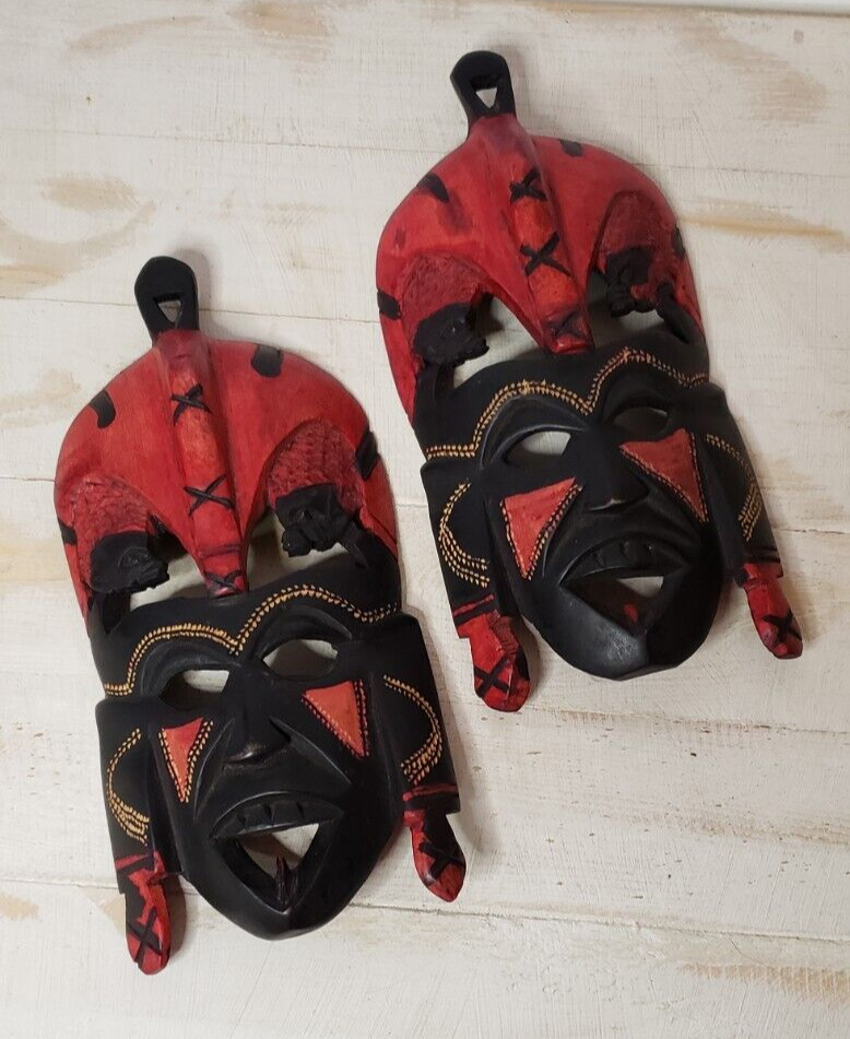 Hand carved Wooden African Masks From Kenya Red And Black