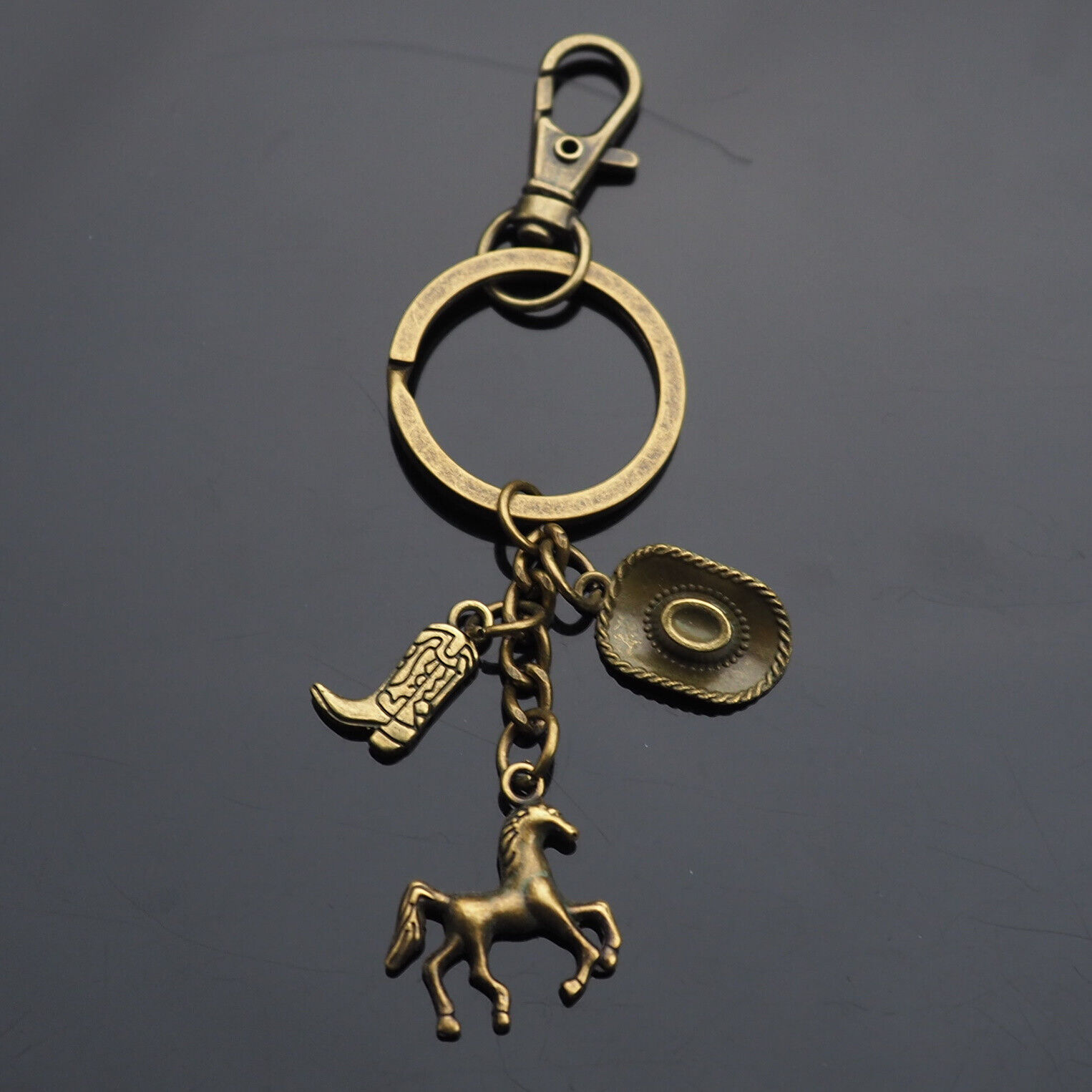 Cowboy Hat Boot Spur Horse Lucky Bronze 3-Charms Pendant Keychain with Clip Gift