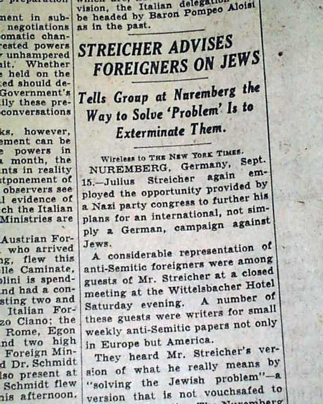 Early re. EXTERMINATION OF JEWS Julius Streicher Nuremberg Speech 1936 Newspaper