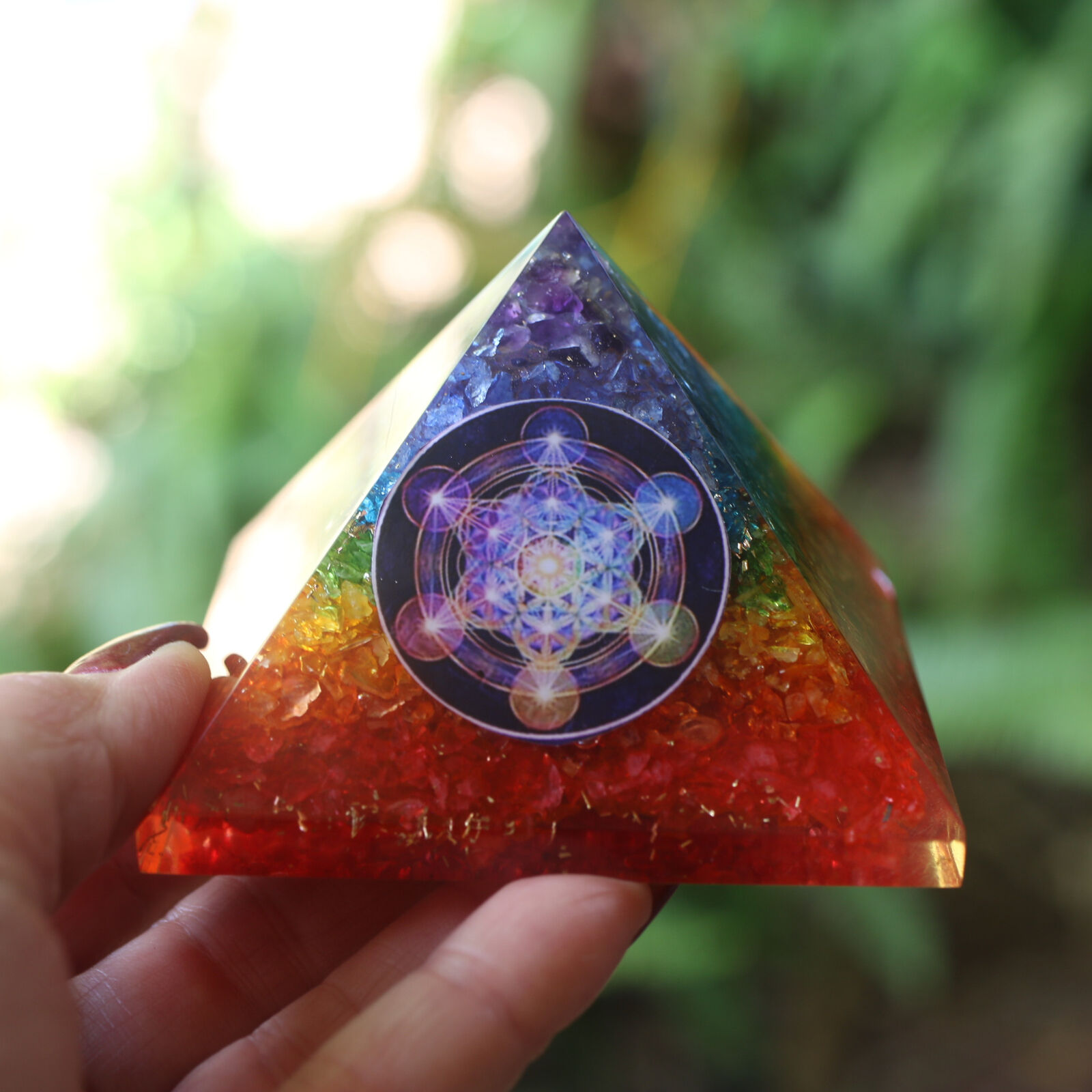 Chakra Rainbow Layered Onyx Orgone Pyramid LG 3in 75mm for EMF & 5G Protection