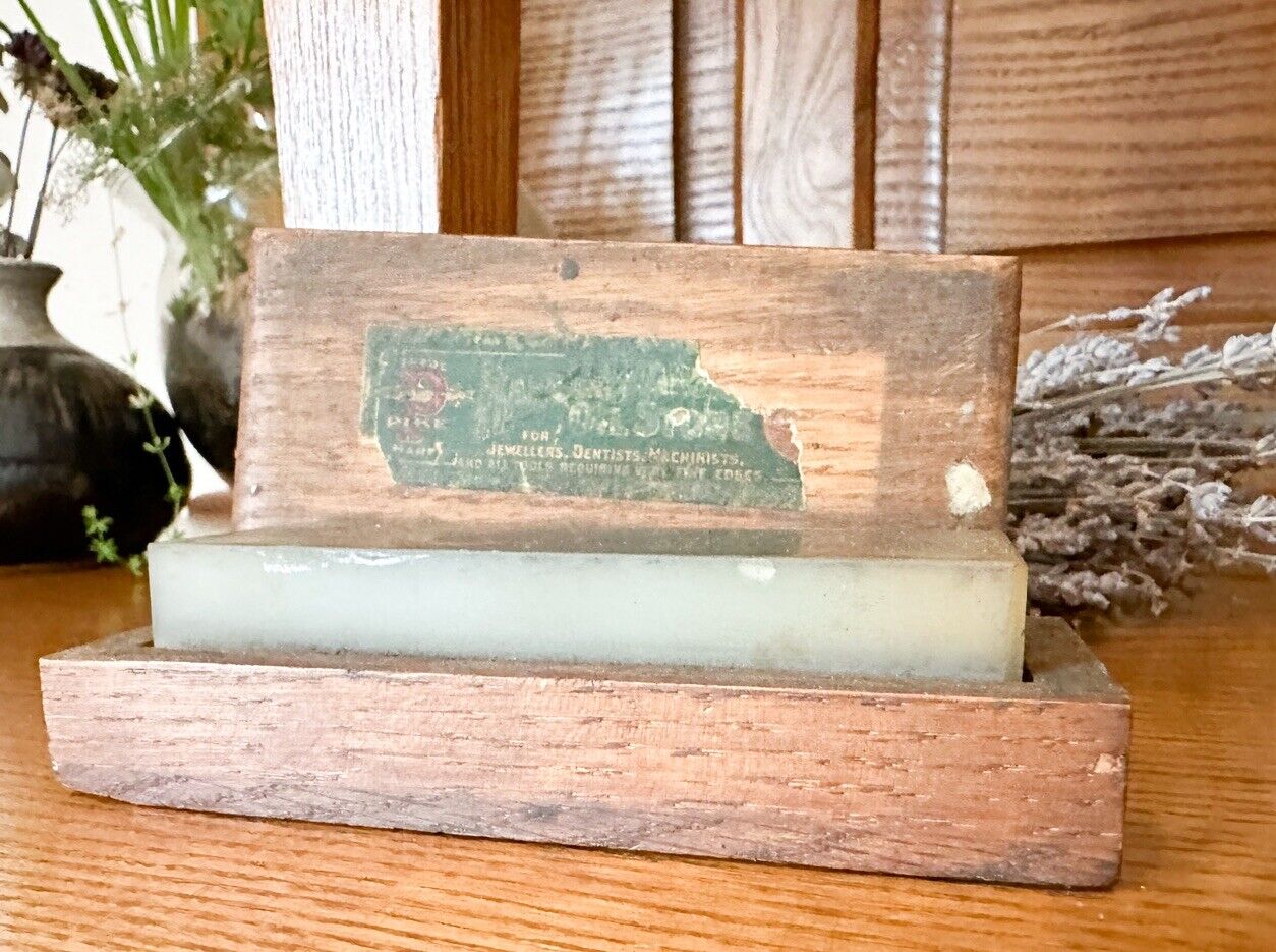 Vintage Hard Arkansas Oilstone Translucent, W/Wood Approx 5” Box, Jewelers