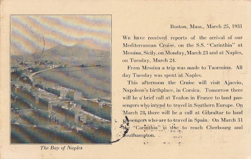  Postcard Cruise Arrival Ship  SS Carinthia Messina Sicily March 25, 1931