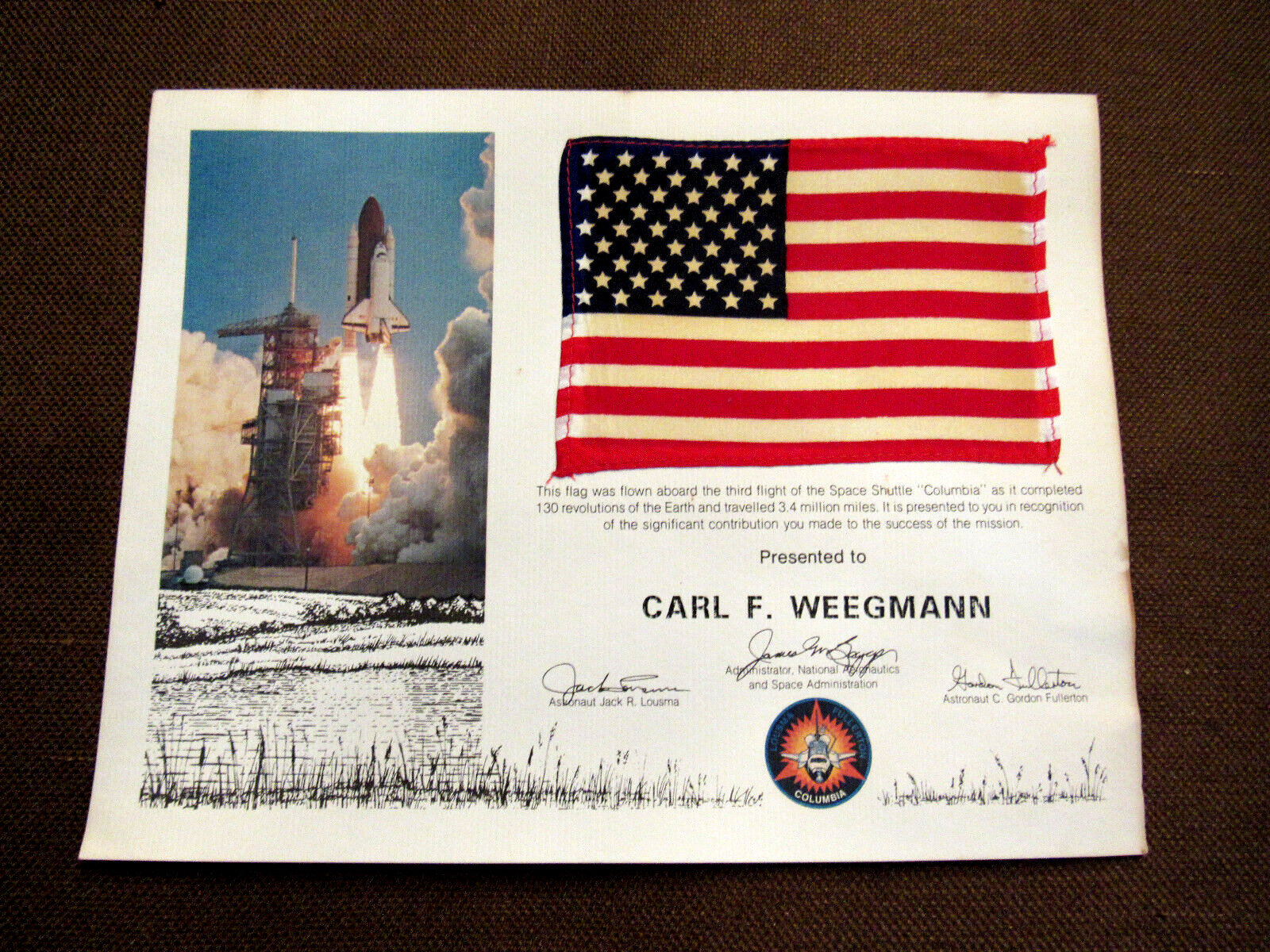 JACK LOUSMA GORDON FULLERTON STS-3 COLUMBIA NASA SPACE SHUTTLE SPACE FLOWN FLAG