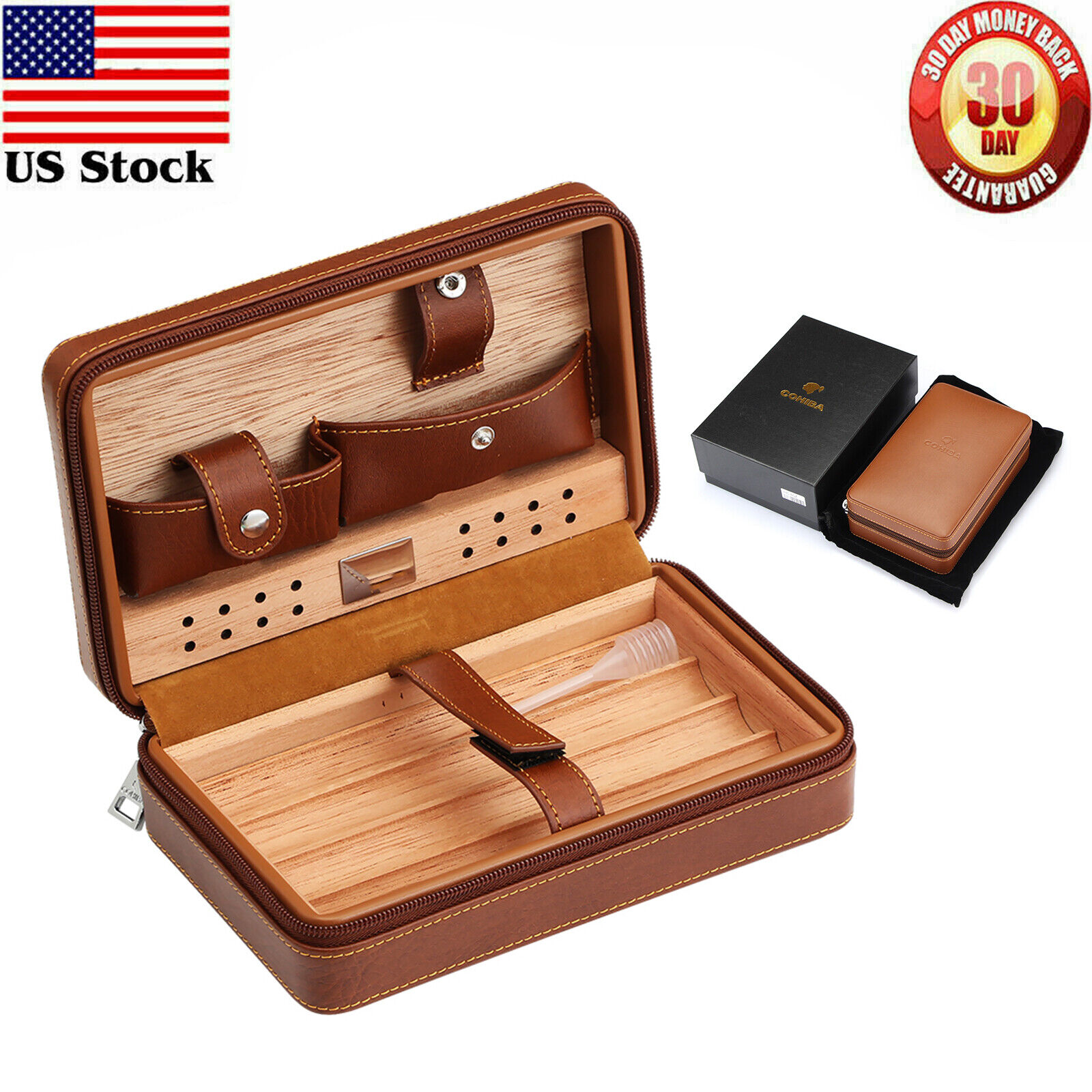 Brown Cigar Humidor Case Portable Cedar Wood Leather Travel Box 4 Count Cohiba