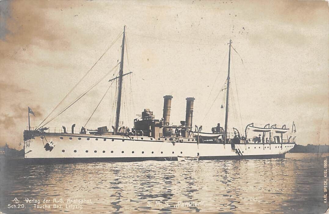 GERMANY ~ GUNBOAT SMS PANTHER IN HARBOR, REAL PHOTO PC ~ used 1907