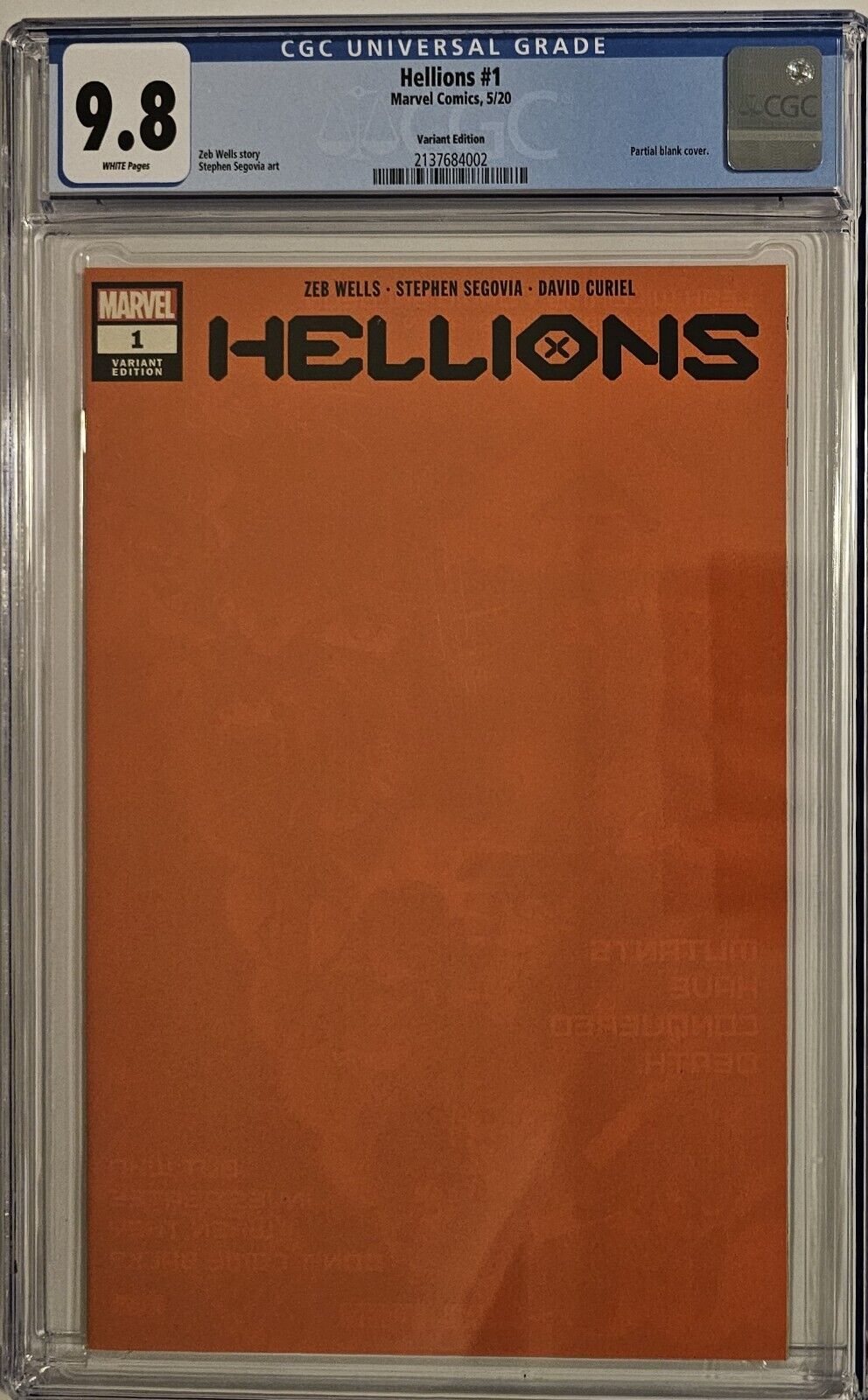 Hellions (2020 Marvel) #1 Orange Variant CGC 9.8 1:200 Partial Blank Cover